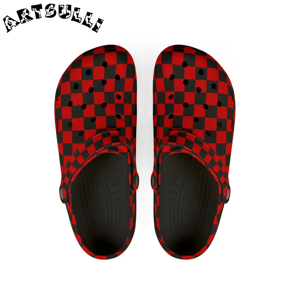 JAKKOUTTHEBXX Checkerboard Red and Black EVA Foam Rubber Shoes (AOP)