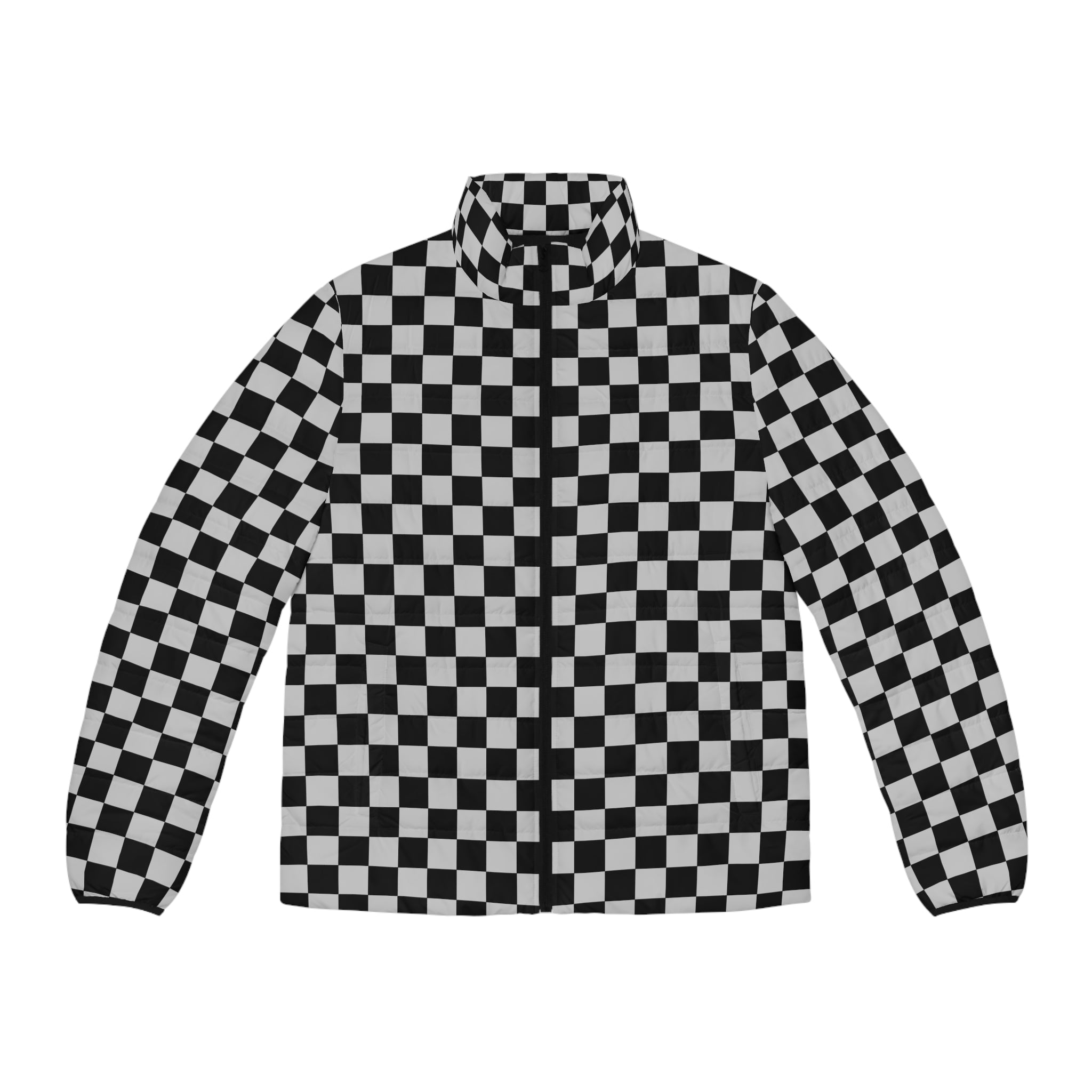 Checkerboard Dada Black and Light Gray Men's Puffer Jacket (AOP), Artsulli - Art is Long, Life is Short, All Over Prints, Size, S, Color, Black zipper, , , 42569857164285113057