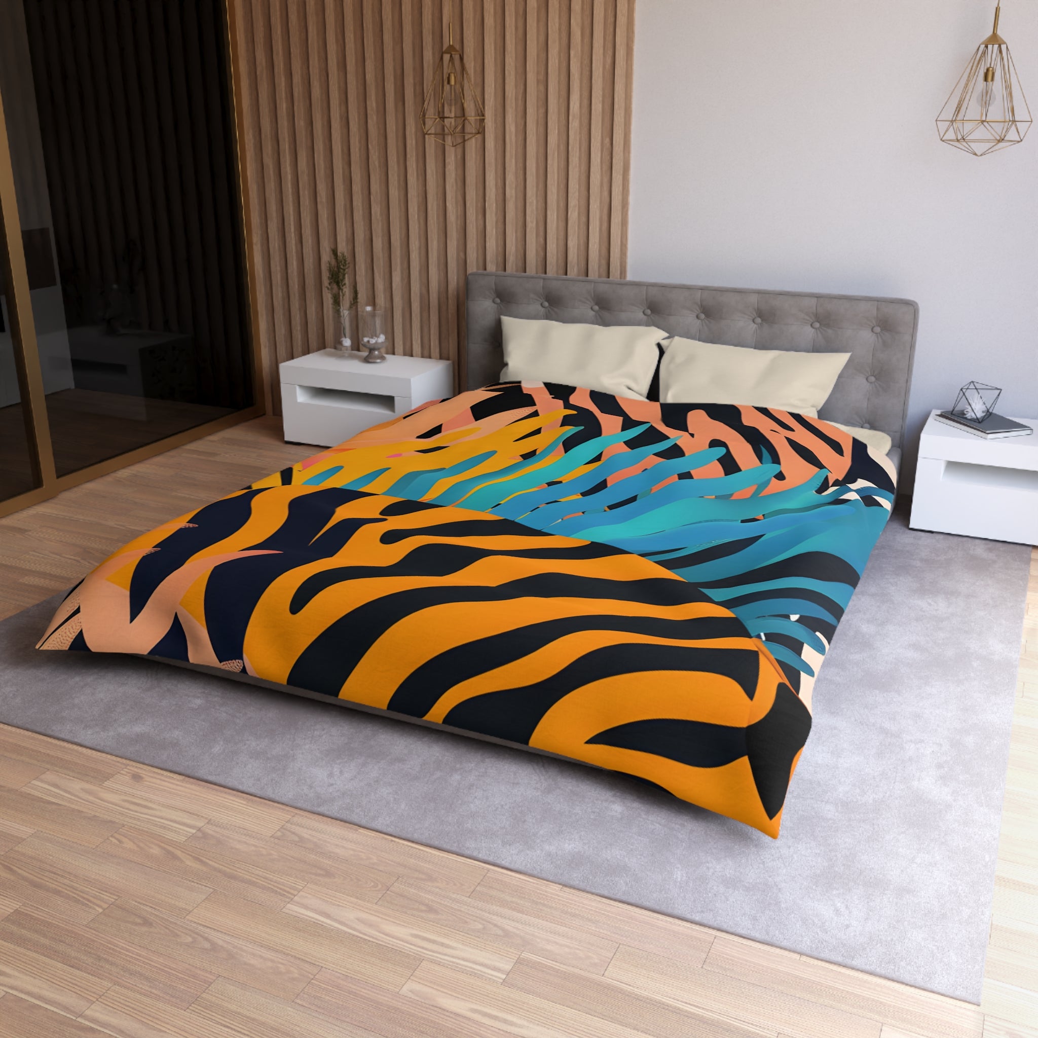 Palm Leaves x Zebra Stripes x  Tiger Stripes Orange and Blue  Microfiber Duvet Cover, Artsulli - Art is Long, Life is Short, Home Decor, , , , , , , 