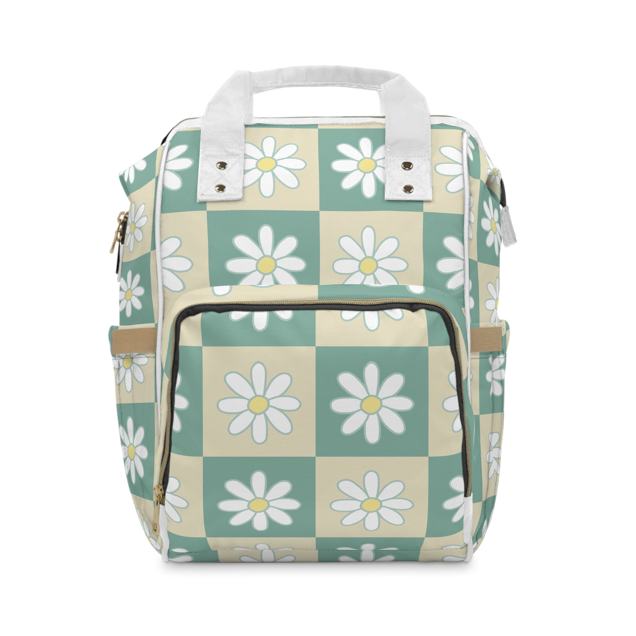 Retro Daisy Checkerboard Green and Tan Multifunctional Diaper Backpack, Artsulli - Art is Long, Life is Short, Bags, Size, 15.0" × 10.8" × 6.7'', , , , , 27659960157787855834