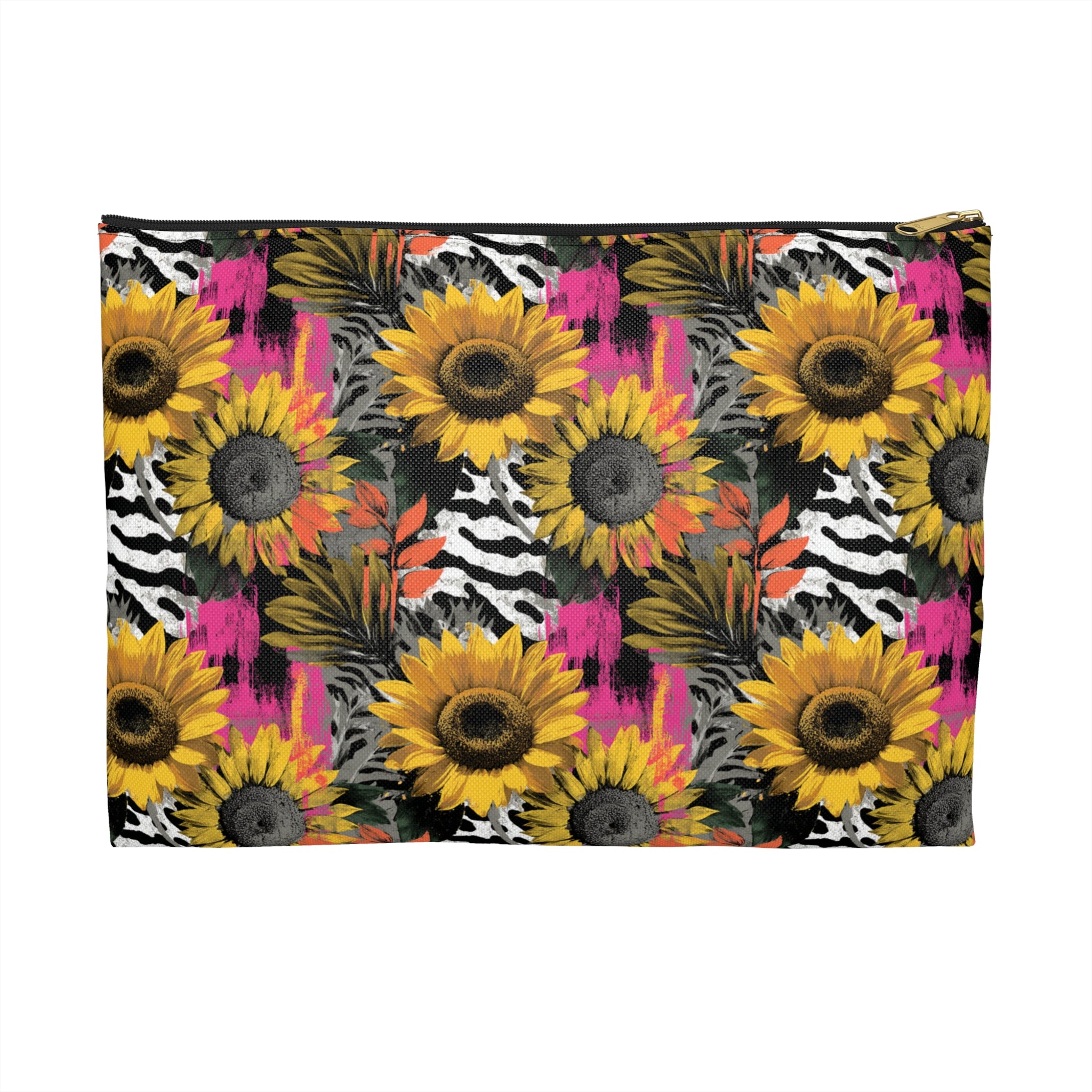 Zebra Stripes x Sunflowers II  Multi-Color Accessory Pouch, Artsulli - Art is Long, Life is Short, Bags, Size, Large, Color, Black zipper, , , 26194728728029372020