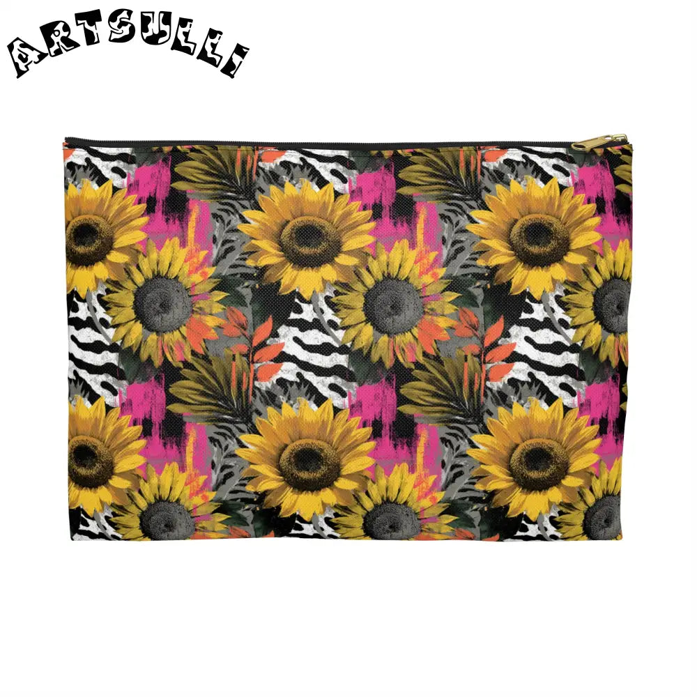 Zebra Stripes x Sunflowers II  Multi-Color Accessory Pouch, Artsulli - Art is Long, Life is Short, Bags, Size, Large, Color, Black zipper, , , 26194728728029372020