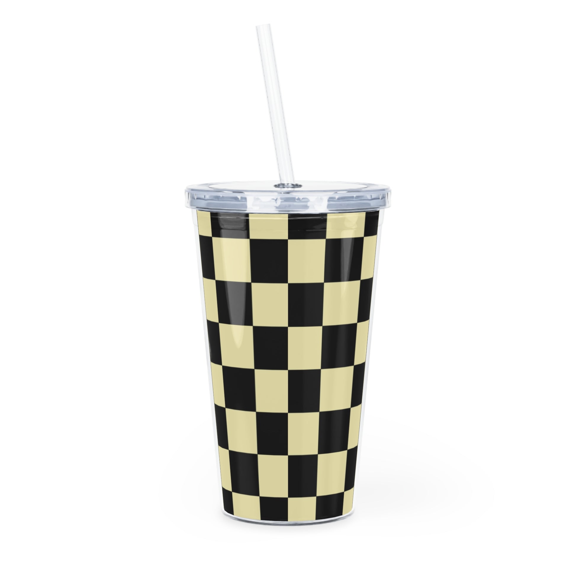 Checkerboard Black and Yellow Plastic Tumbler with Straw, Artsulli - Art is Long, Life is Short, Mug, , , , , , , 