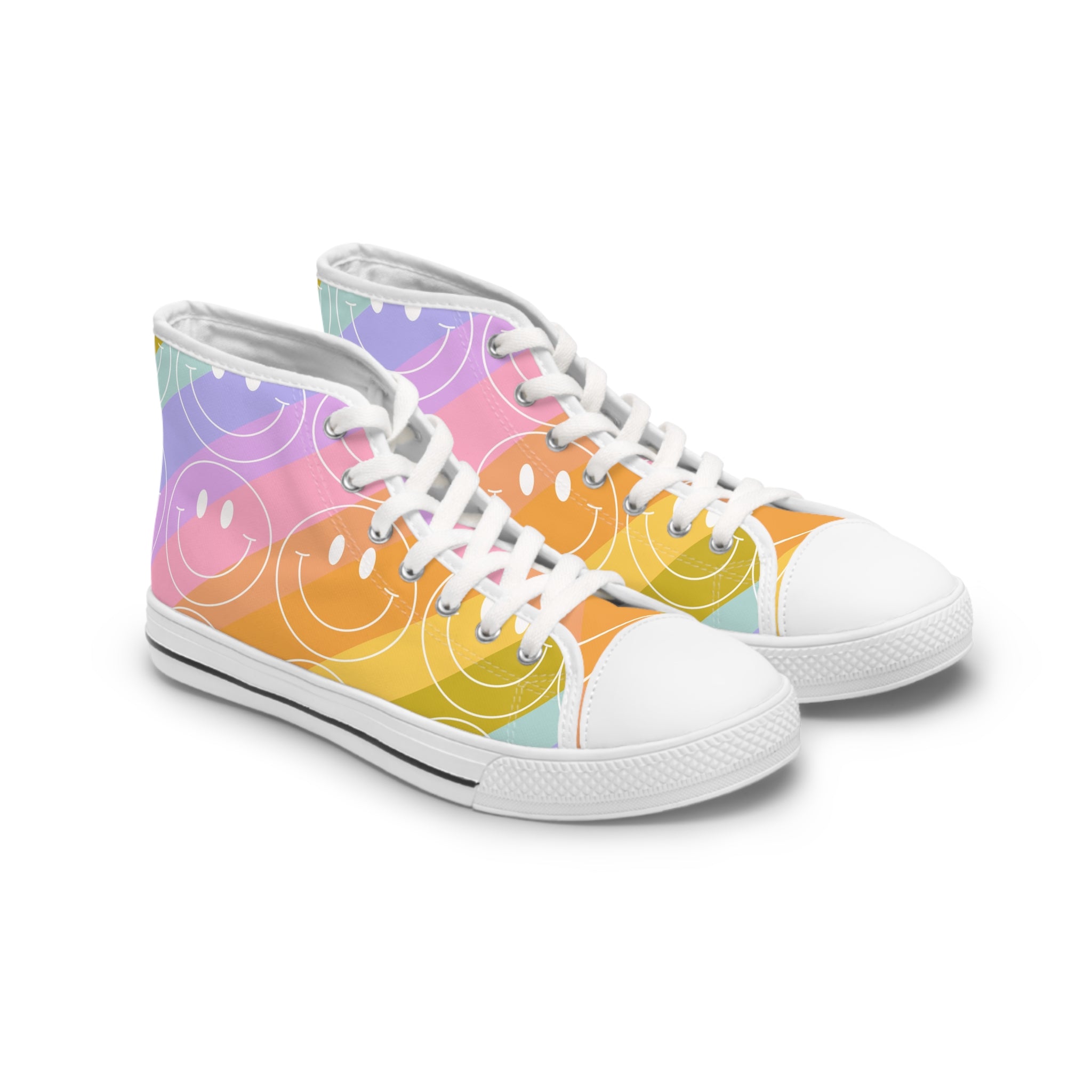 Smiley Face x Rainbow Stripes Multi-Color Women's High Top Sneakers, Artsulli - Art is Long, Life is Short, Shoes, Size, US 5.5, Color, White sole, , , 31872134231810