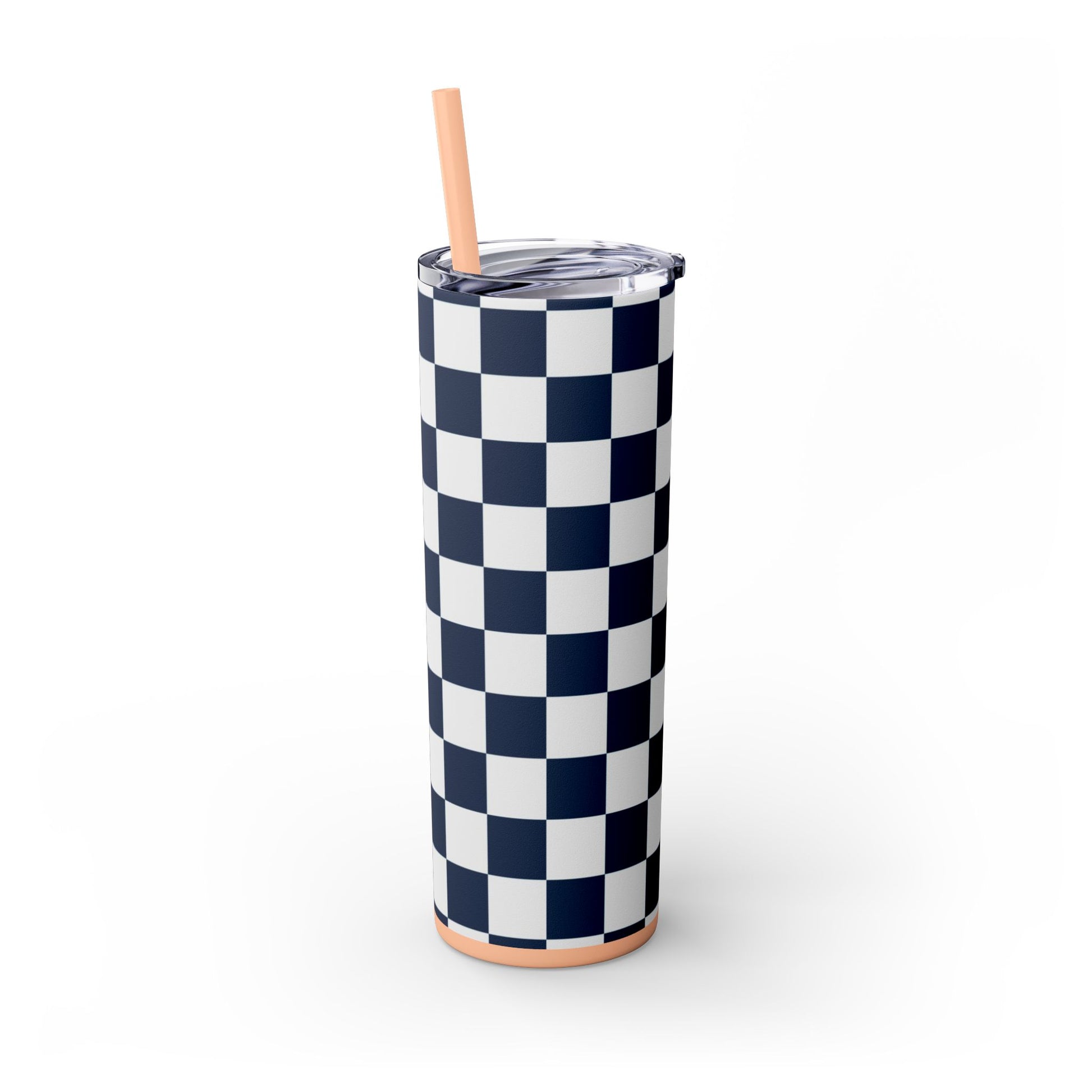 Checkerboard White and Navy Blue Skinny Tumbler with Straw, 20oz, Artsulli - Art is Long, Life is Short, Mug, , , , , , , 