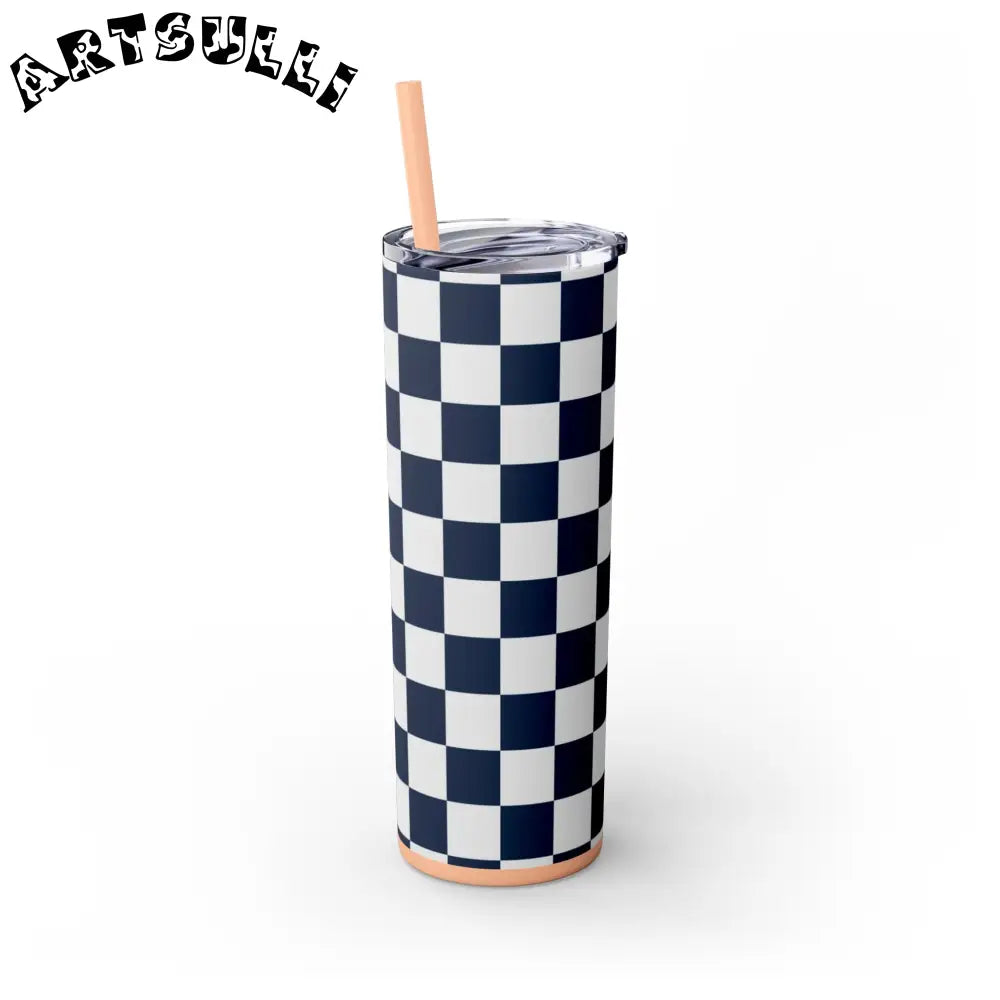 JAKKOUTTHEBXX Checkerboard White and Navy Blue Skinny Tumbler