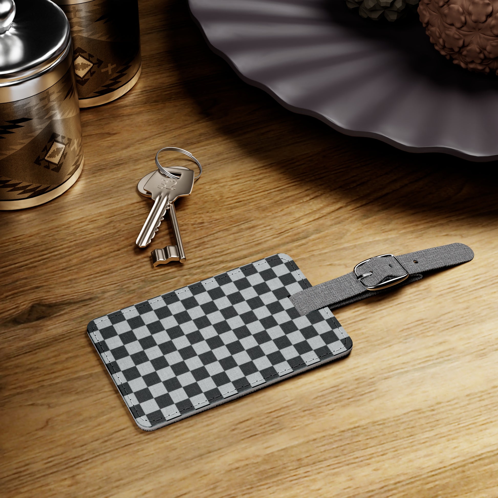 Checkerboard Dada Black and Light Gray Saffiano Polyester Luggage Tag, Rectangle, Artsulli - Art is Long, Life is Short, Accessories, , , , , , , 