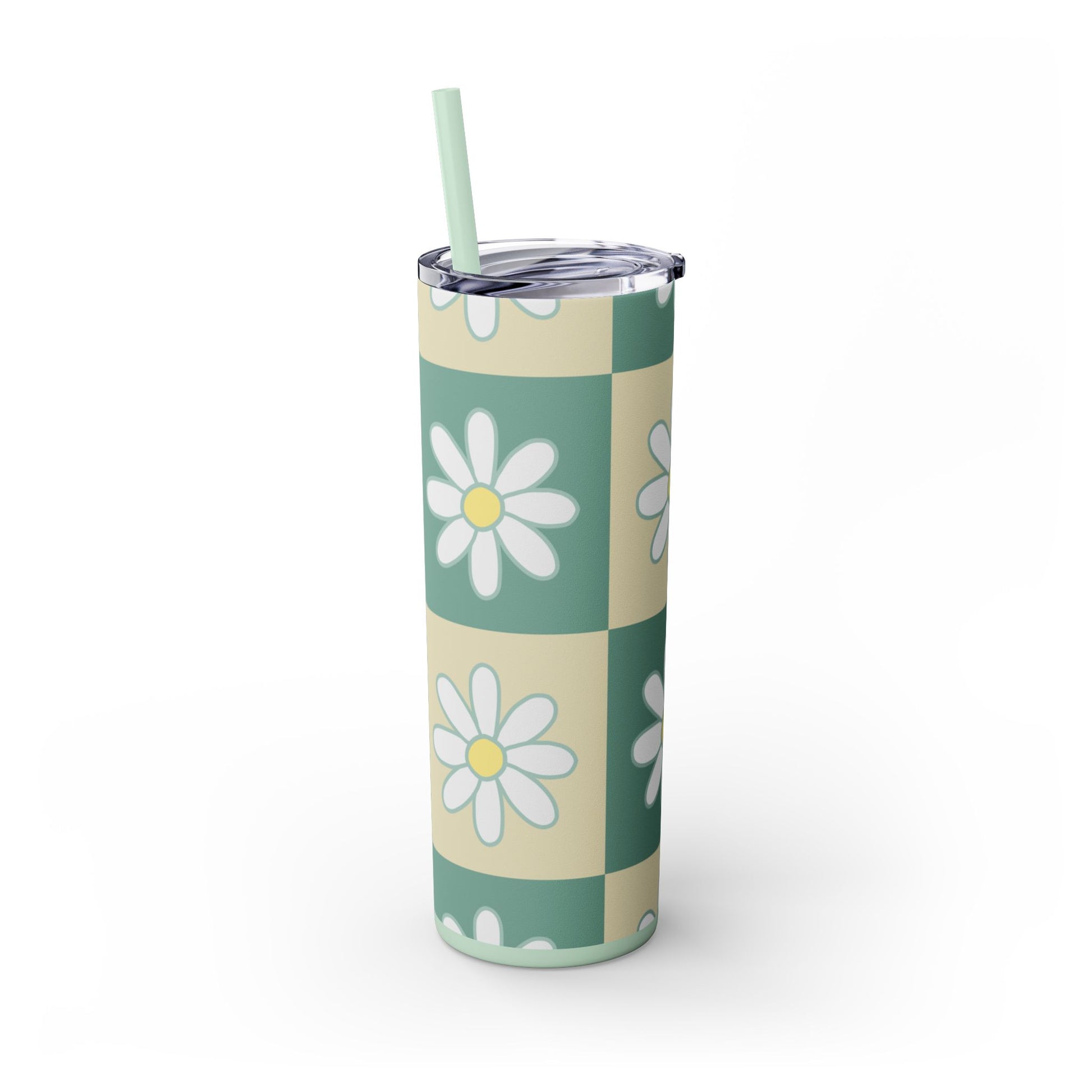 Retro Daisy Checkerboard Green and Tan Skinny Tumbler with Straw, 20oz, Artsulli - Art is Long, Life is Short, Mug, , , , , , , 