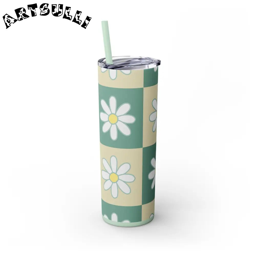 JAKKOUTTHEBXX Retro Daisy Checkerboard Green and Tan Skinny Tumbler