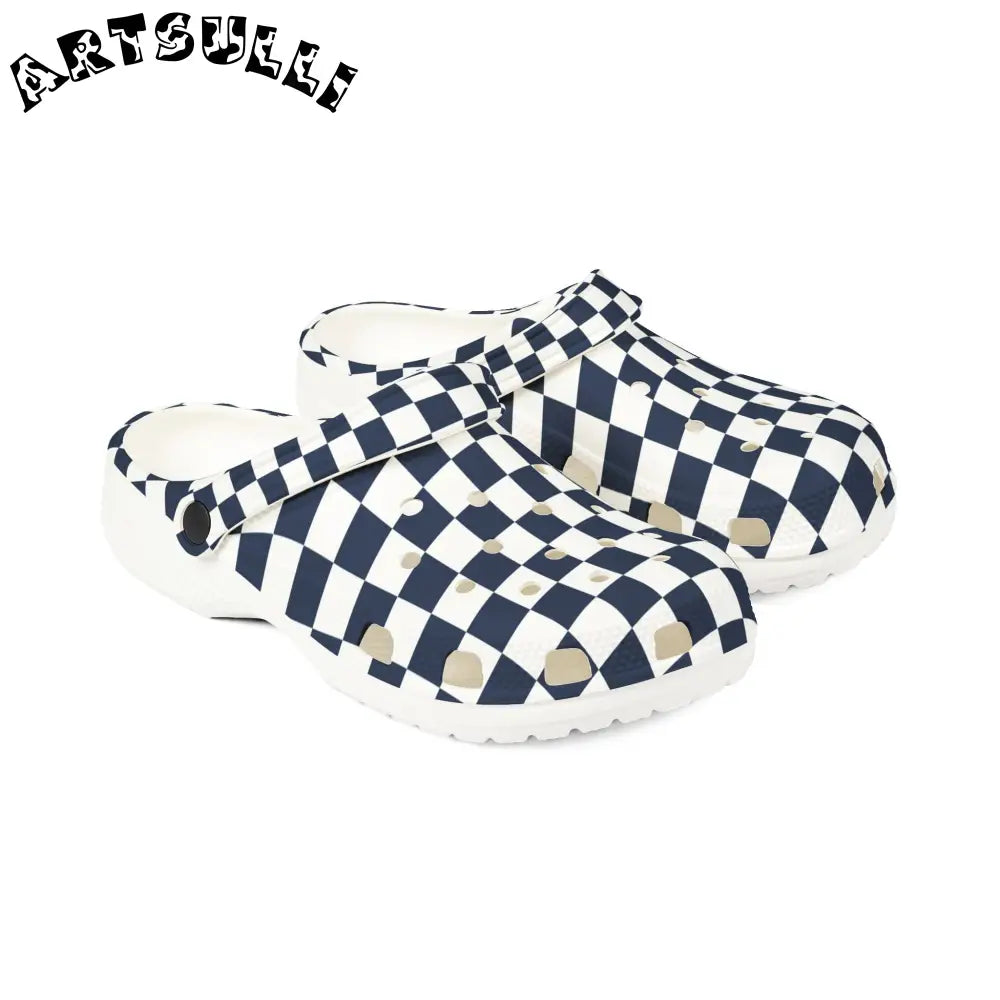 JAKKOUTTHEBXX Checkerboard White and Navy Blue EVA Foam Rubber Shoes