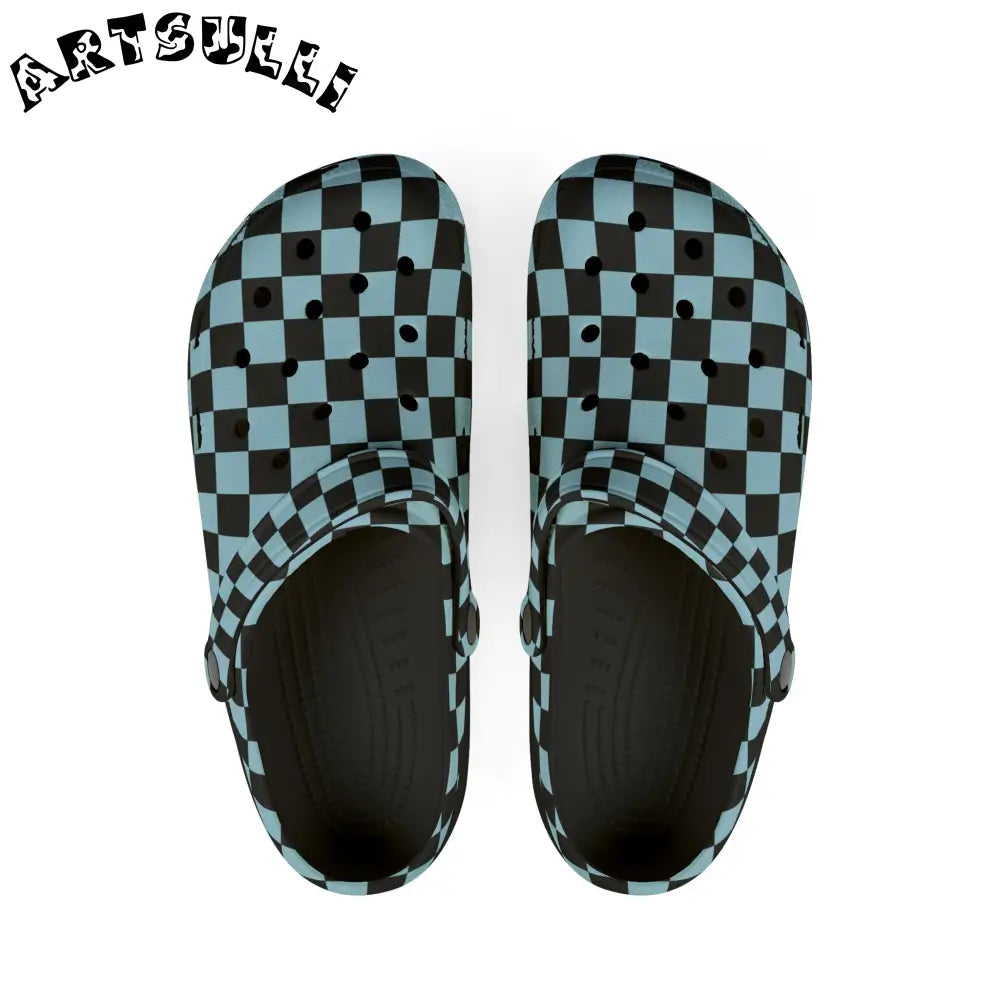 JAKKOUTTHEBXX Checkerboard Black and Blue EVA Foam Rubber Shoes