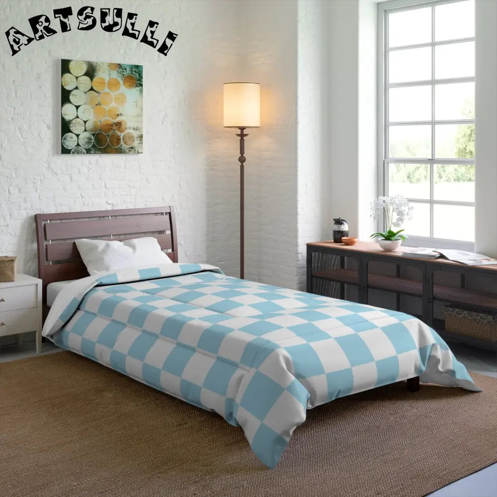 JAKKOUTTHEBXX Checkerboard Sky Blue Comforter JAKKOUTTHEBXX Artsulli