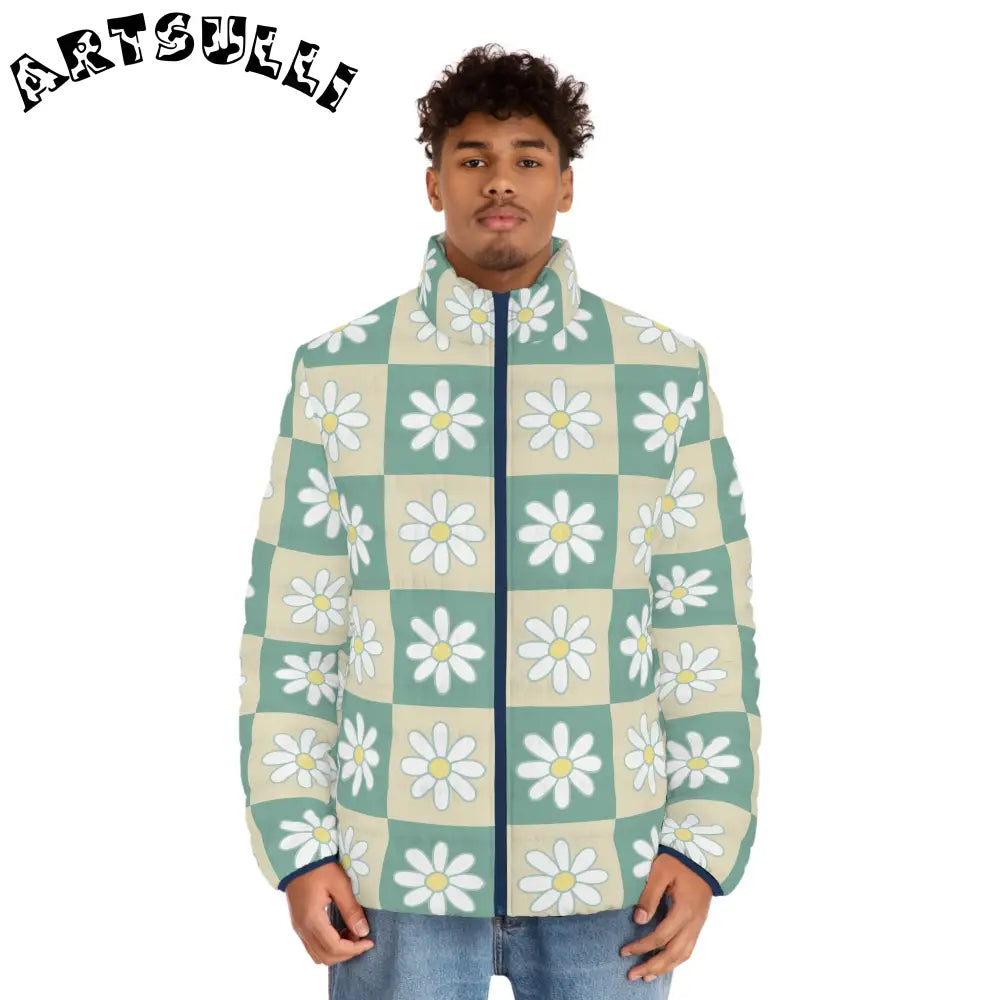 JAKKOUTTHEBXX Retro Daisy Checkerboard Green and Tan Men’s Puffer