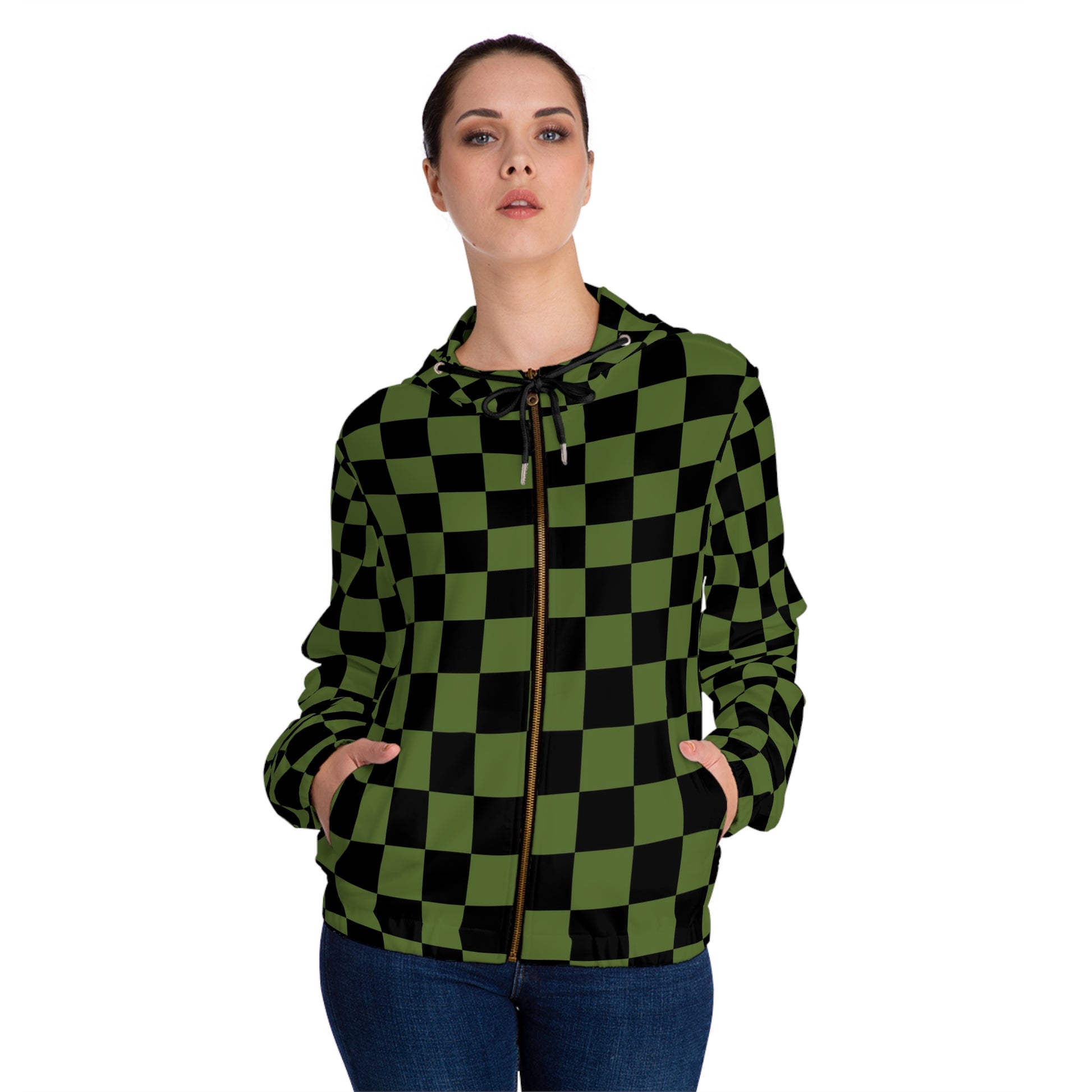 Checkerboard Olive Green and Black Women’s Full-Zip Hoodie (AOP), Artsulli - Art is Long, Life is Short, All Over Prints, , , , , , , 