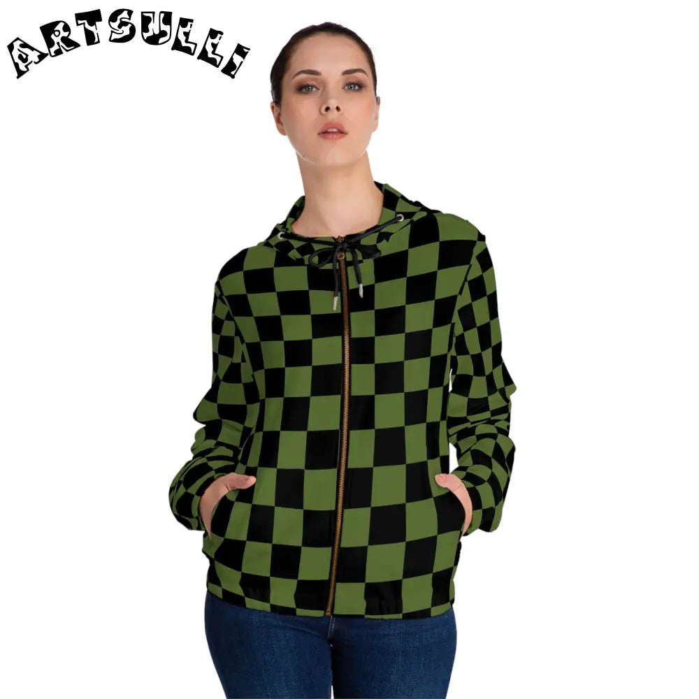JAKKOUTTHEBXX Checkerboard Olive Green and Black Women’s Full-Zip