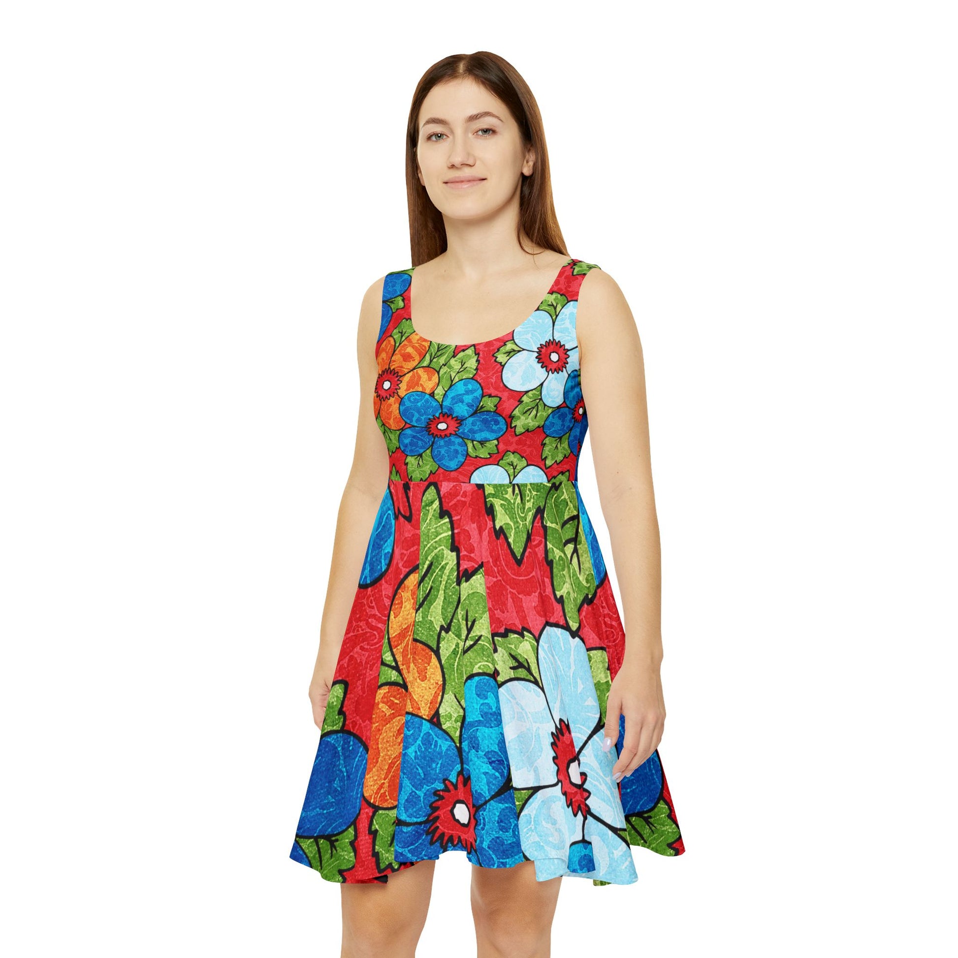 Groovy Yellow Floral Kl II Groovy Red Floral Kl Women's Skater Dress (AOP), Artsulli - Art is Long, Life is Short, All Over Prints, , , , , , , 