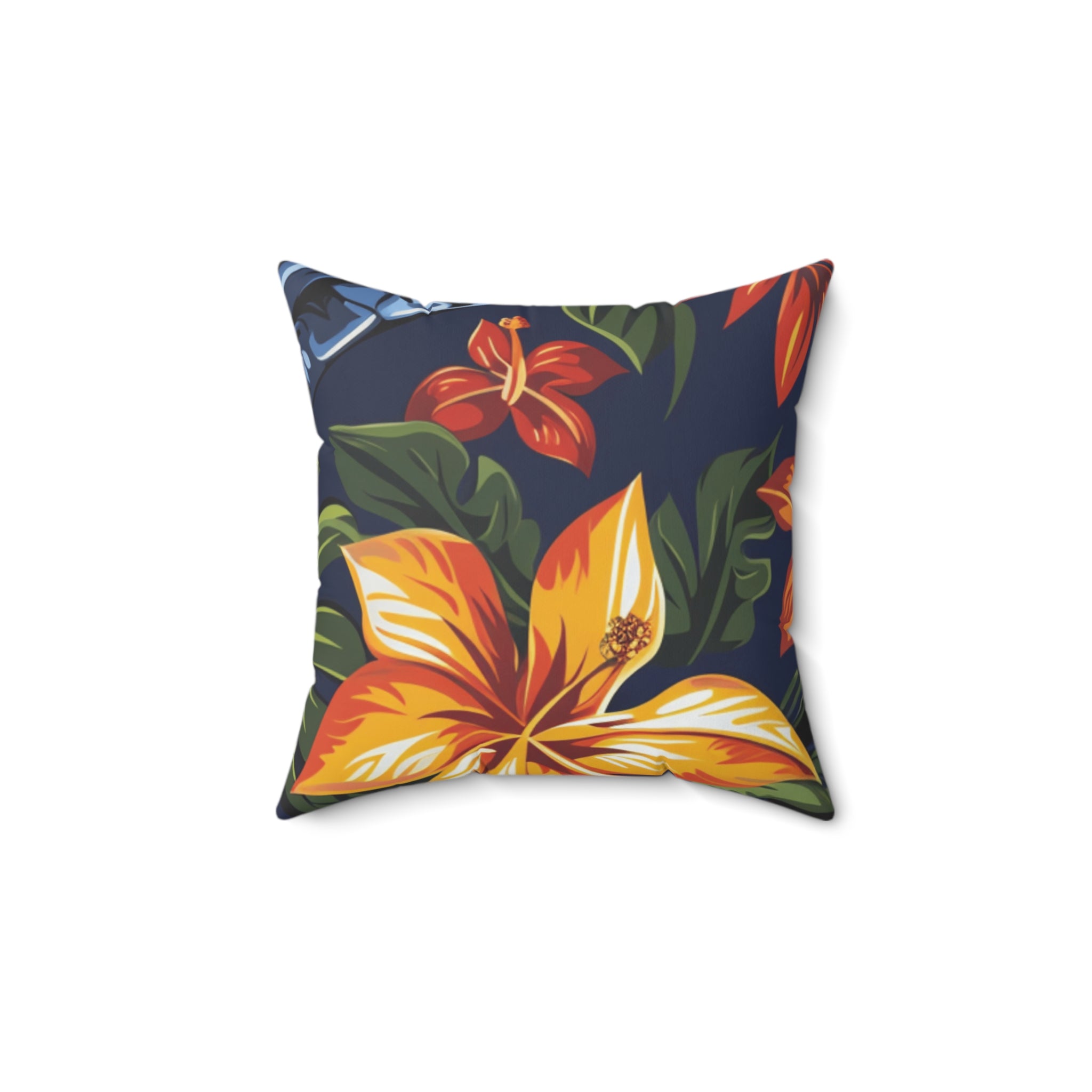 Tiki Bloom Navy Spun Polyester Square Pillow, Artsulli - Art is Long, Life is Short, Home Decor, Size, 14" × 14", , , , , 12976344306223112610