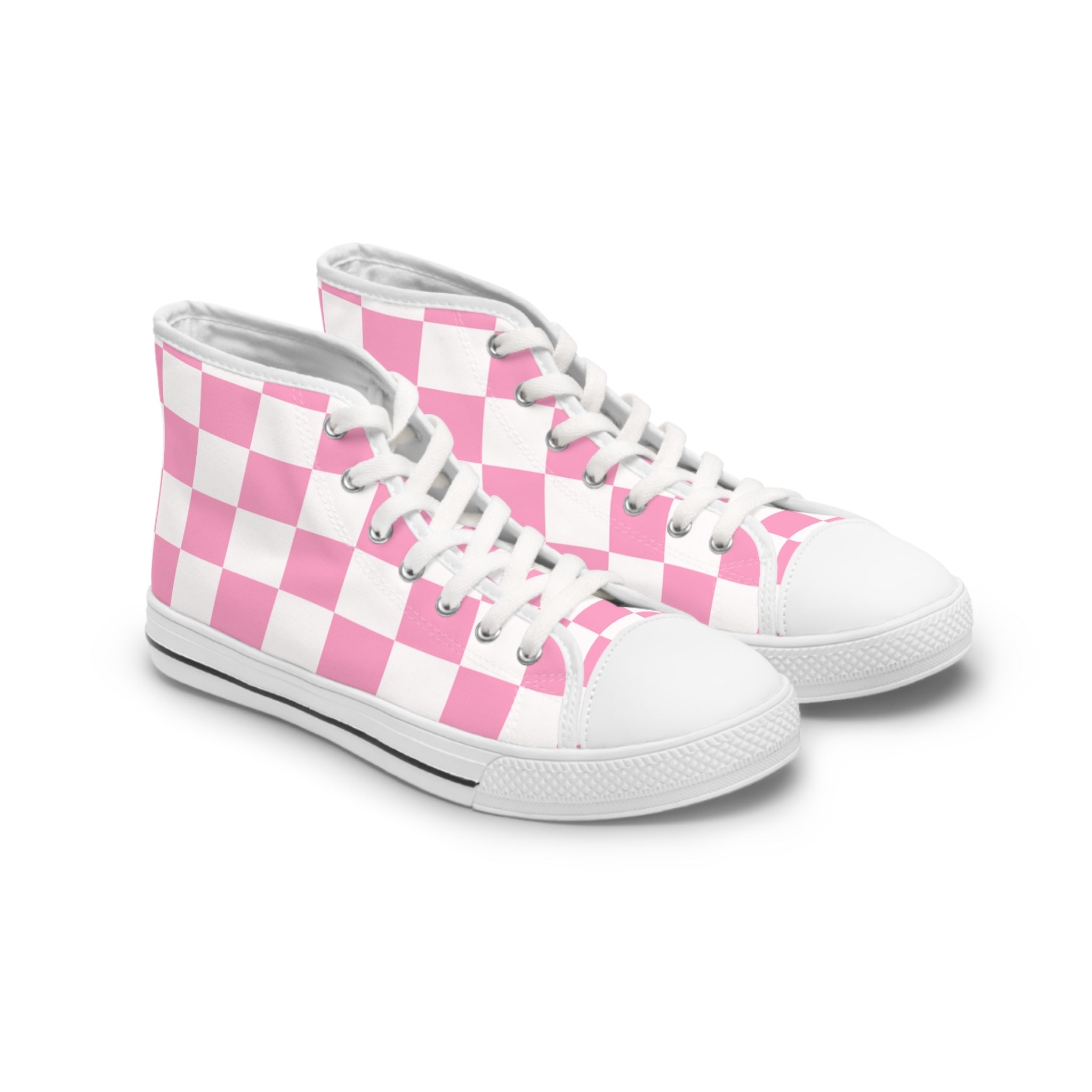 Checkerboard Hot Pink and White Women's High Top Sneakers, Artsulli - Art is Long, Life is Short, Shoes, Size, US 5.5, Color, White sole, , , 24480364471310542366