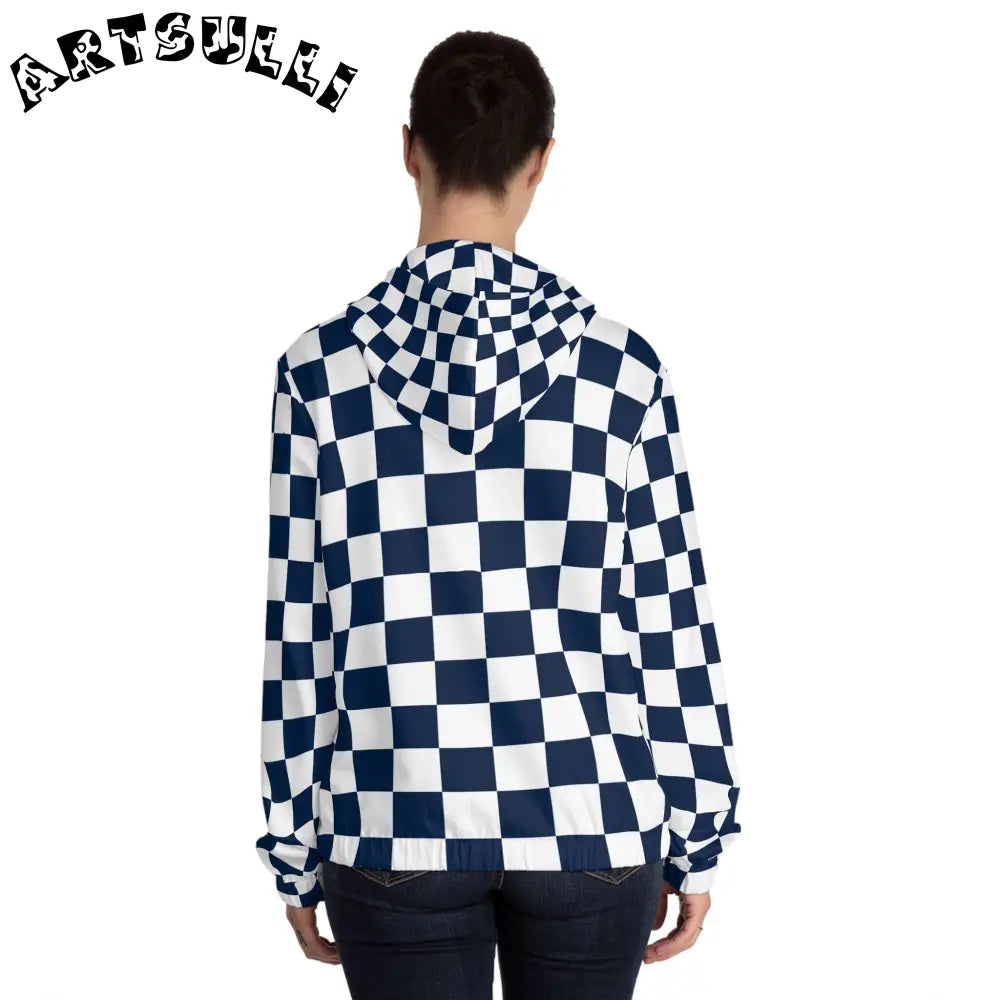 JAKKOUTTHEBXX Checkerboard White and Navy Blue Women’s Full-Zip