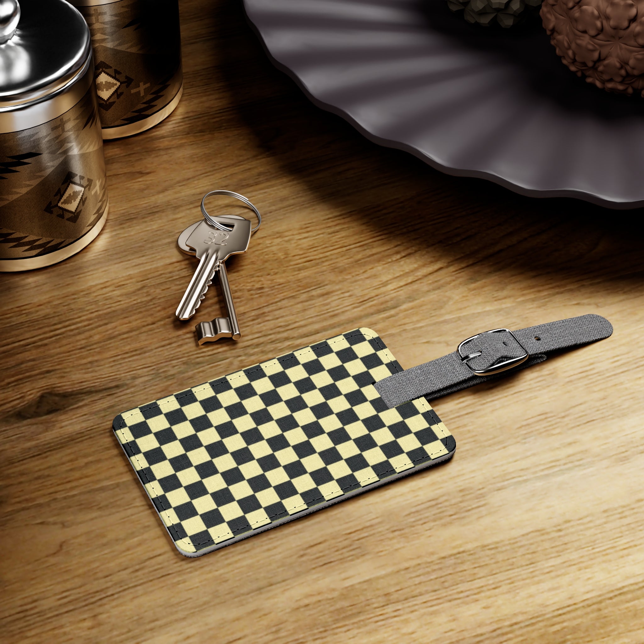Checkerboard Black and Yellow Saffiano Polyester Luggage Tag, Rectangle, Artsulli - Art is Long, Life is Short, Accessories, , , , , , , 