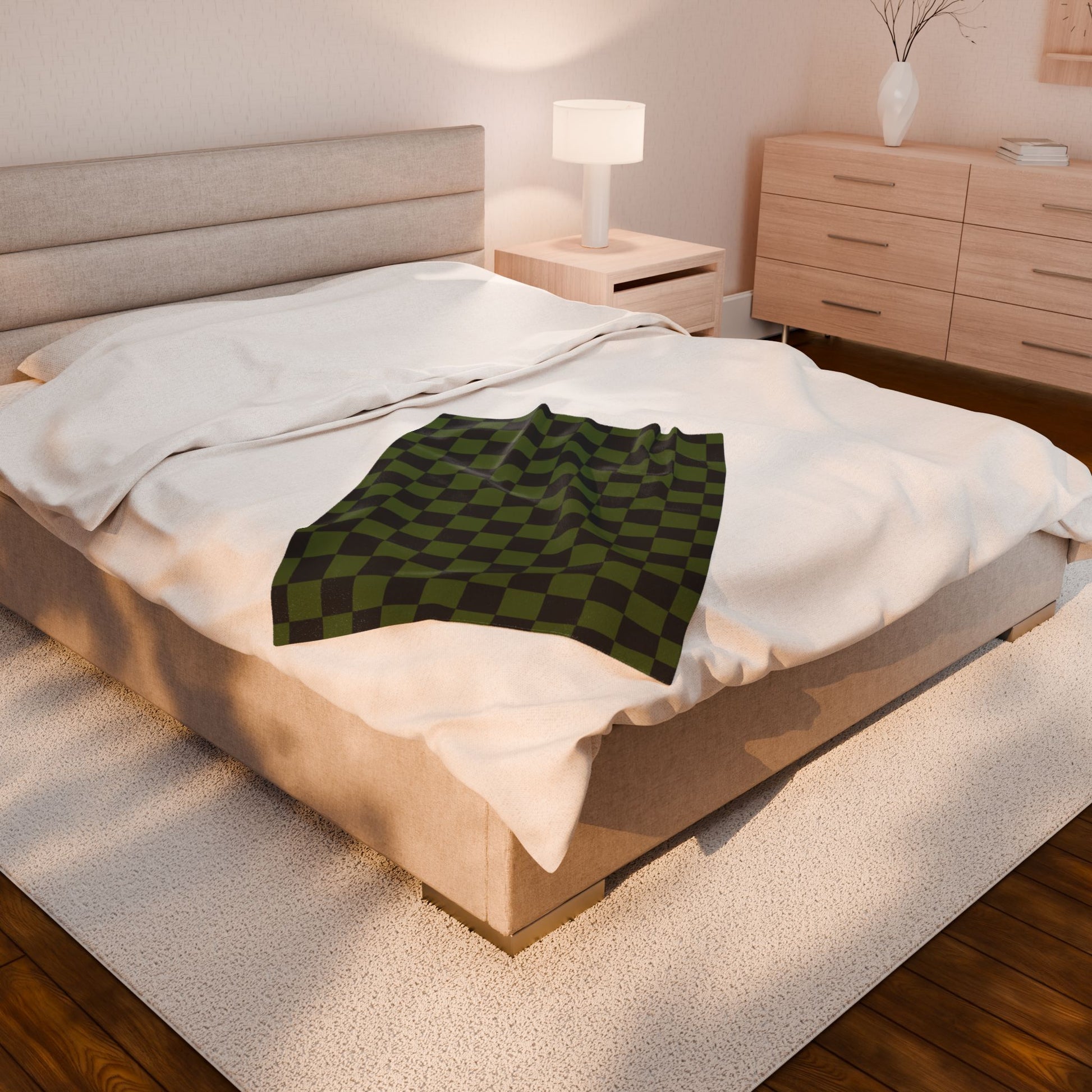 Checkerboard Olive Green and Black Velveteen Plush Blanket, Artsulli - Art is Long, Life is Short, All Over Prints, , , , , , , 