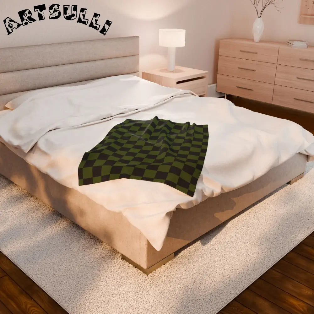JAKKOUTTHEBXX Checkerboard Olive Green and Black Velveteen Plush