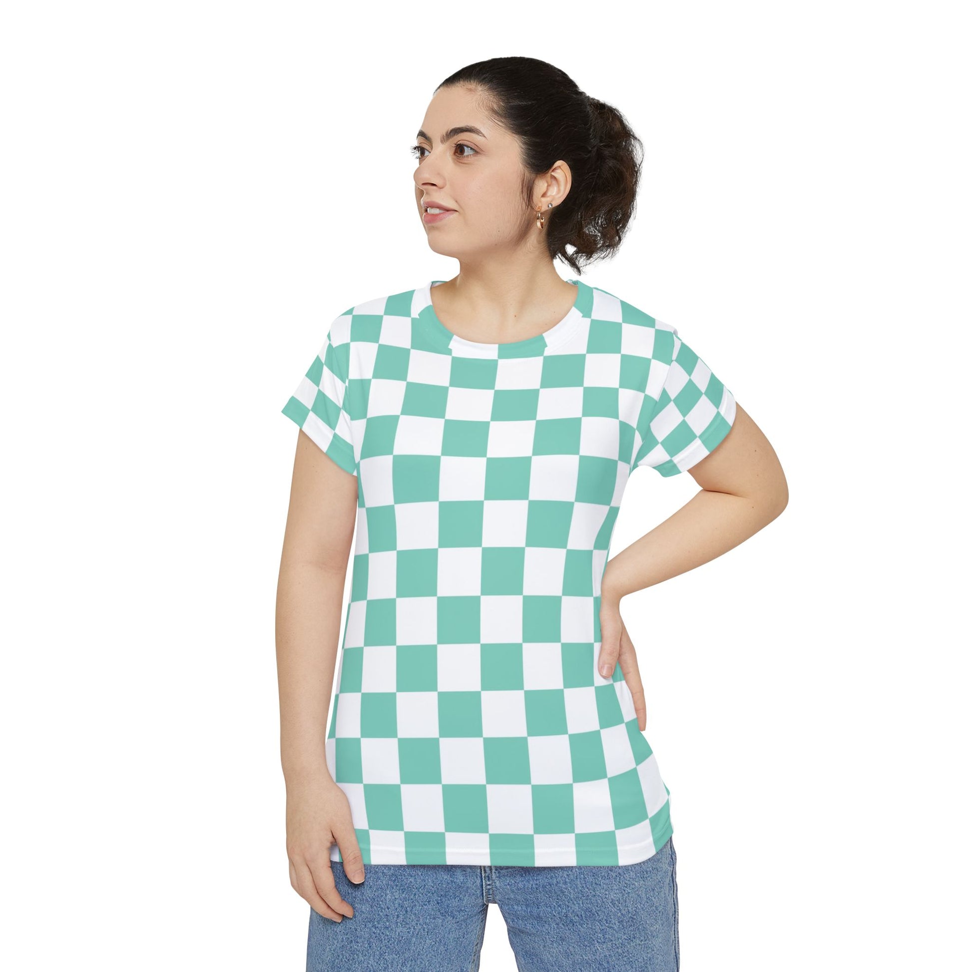 Checkerboard Light Green Women's Short Sleeve Shirt (AOP), Artsulli - Art is Long, Life is Short, All Over Prints, , , , , , , 