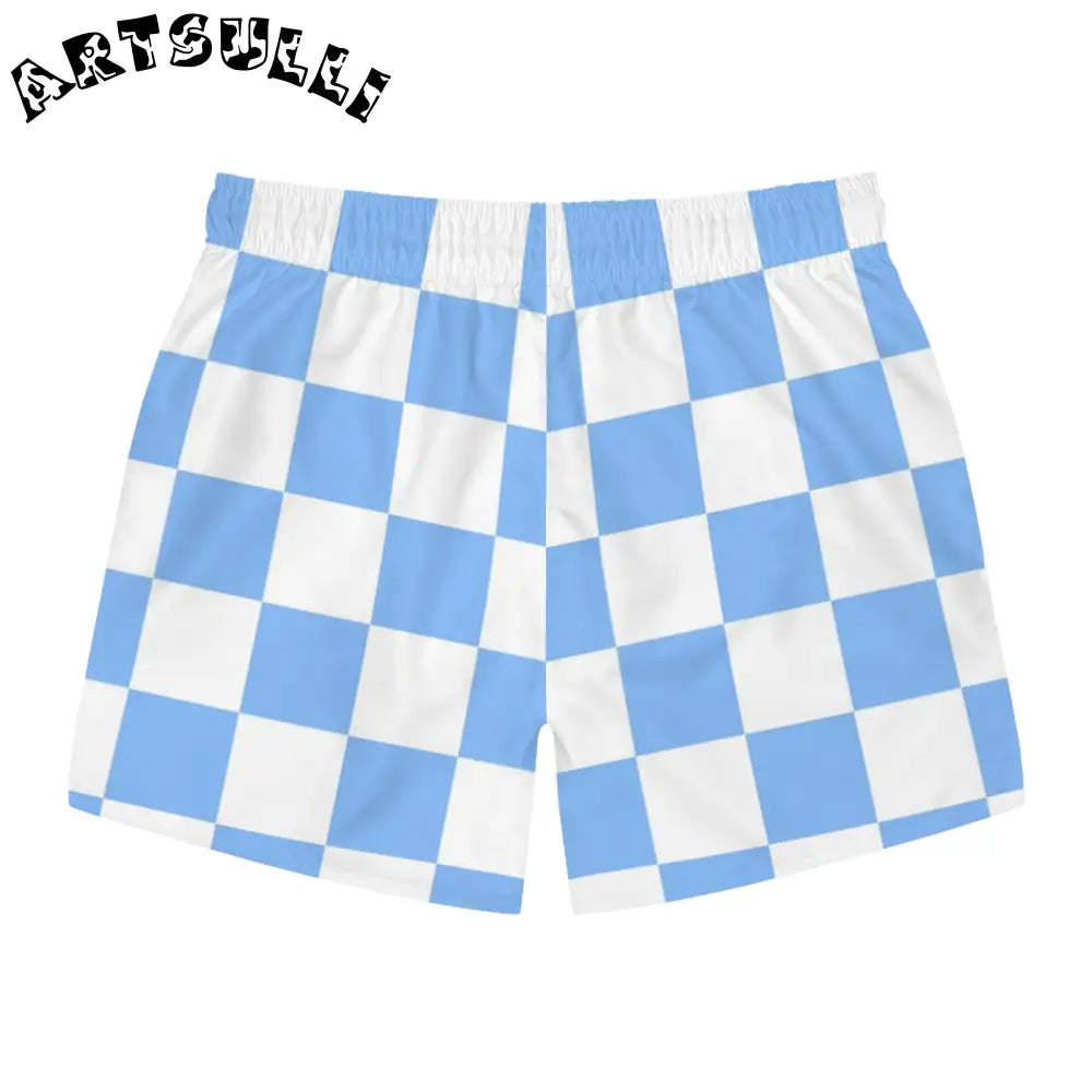 JAKKOUTTHEBXX Checkerboard White and Light Blue Swim Trunks (AOP)