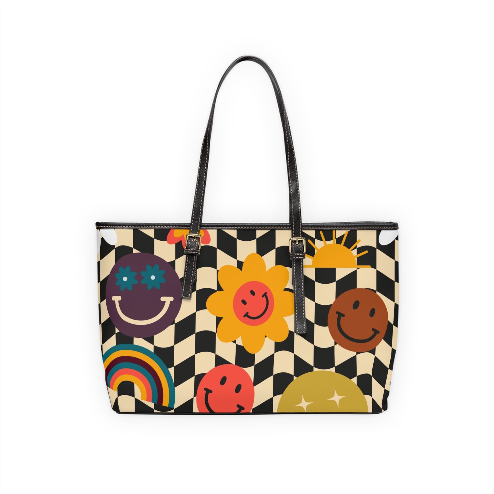 Trippy x Wavy Checkerboard x Smiley Face x Rainbow x Flowers Multi-Color PU Leather Shoulder Bag, Artsulli - Art is Long, Life is Short, Bags, , , , , , , 