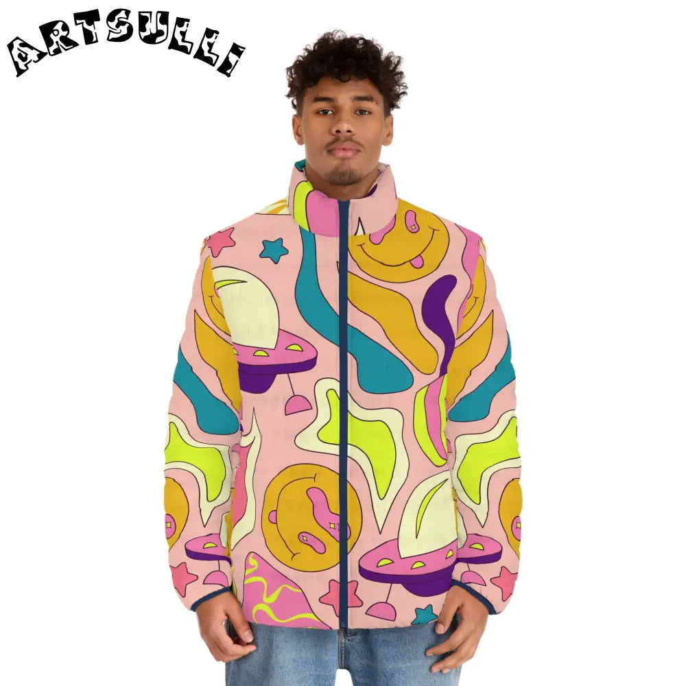 JAKKOUTTHEBXX Trippy Spaceships Pink Men’s Puffer Jacket (AOP)