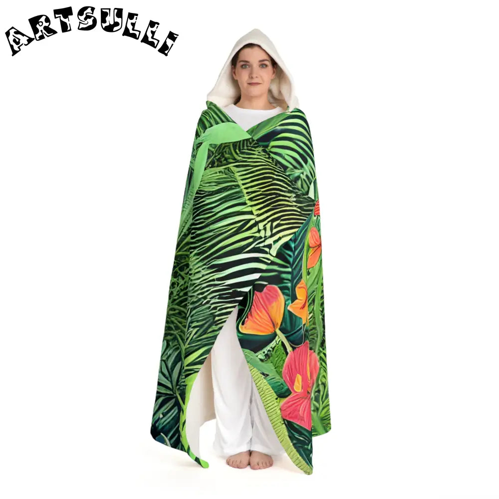JAKKOUTTHEBXX Vibrant Green Tropical Leaf Sherpa Fleece Poncho
