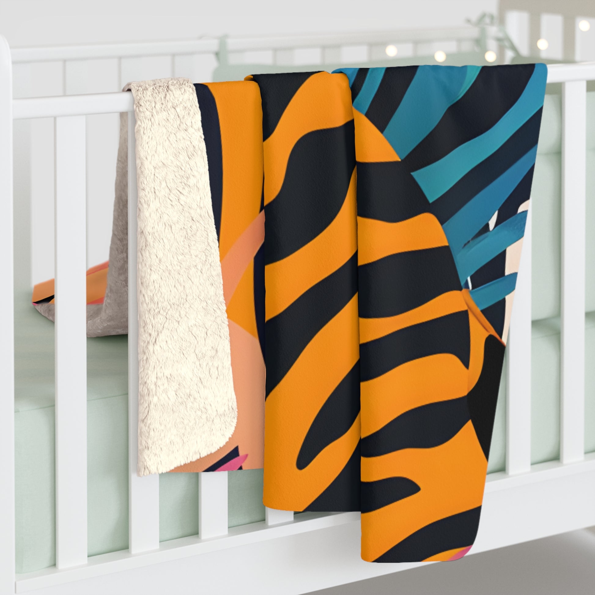 Palm Leaves x Zebra Stripes x Tiger Stripes Orange and Blue  Sherpa Fleece Blanket, Artsulli - Art is Long, Life is Short, Home Decor, , , , , , , 