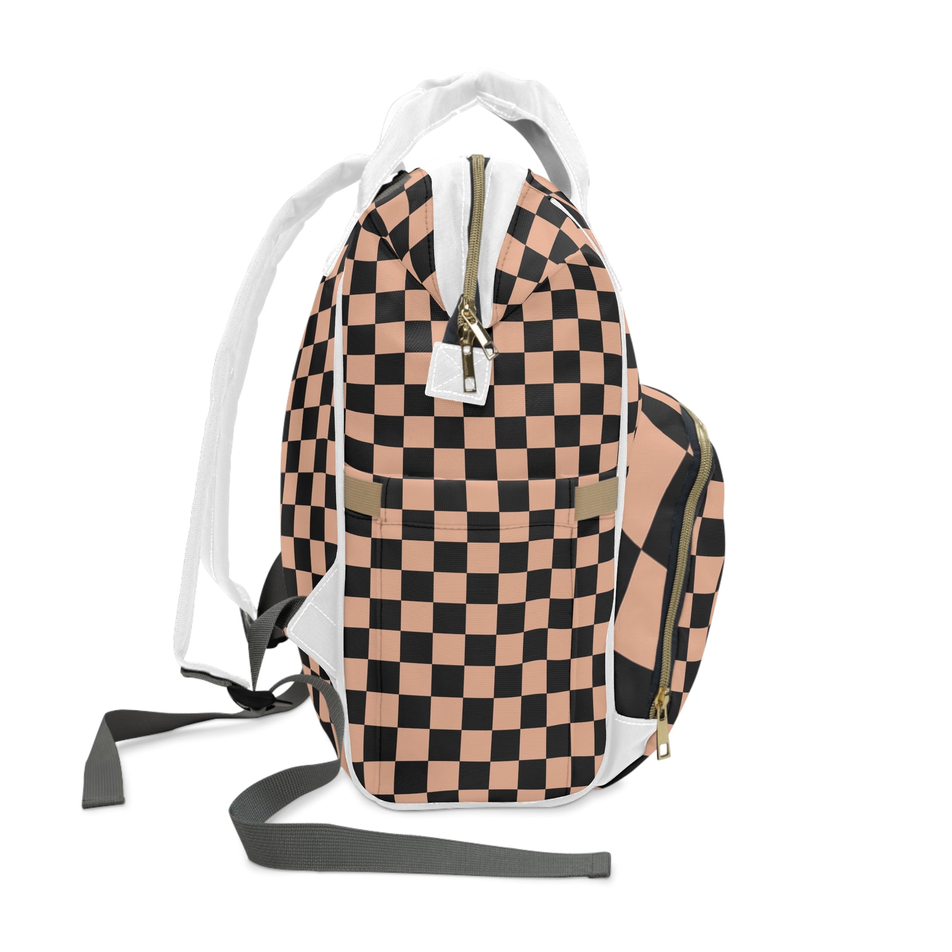 Checkerboard Soft Orange and Black Multifunctional Diaper Backpack, Artsulli - Art is Long, Life is Short, Bags, , , , , , , 