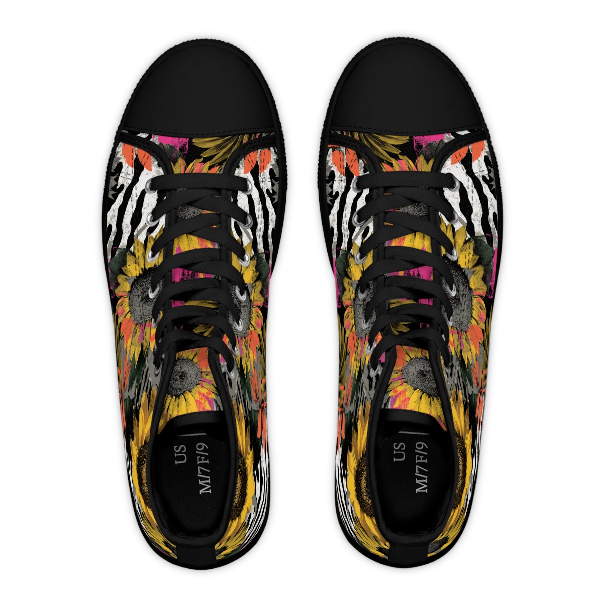 Zebra Stripes x Sunflowers Multi-Color Women's High Top Sneakers, Artsulli - Art is Long, Life is Short, Shoes, , , , , , , 