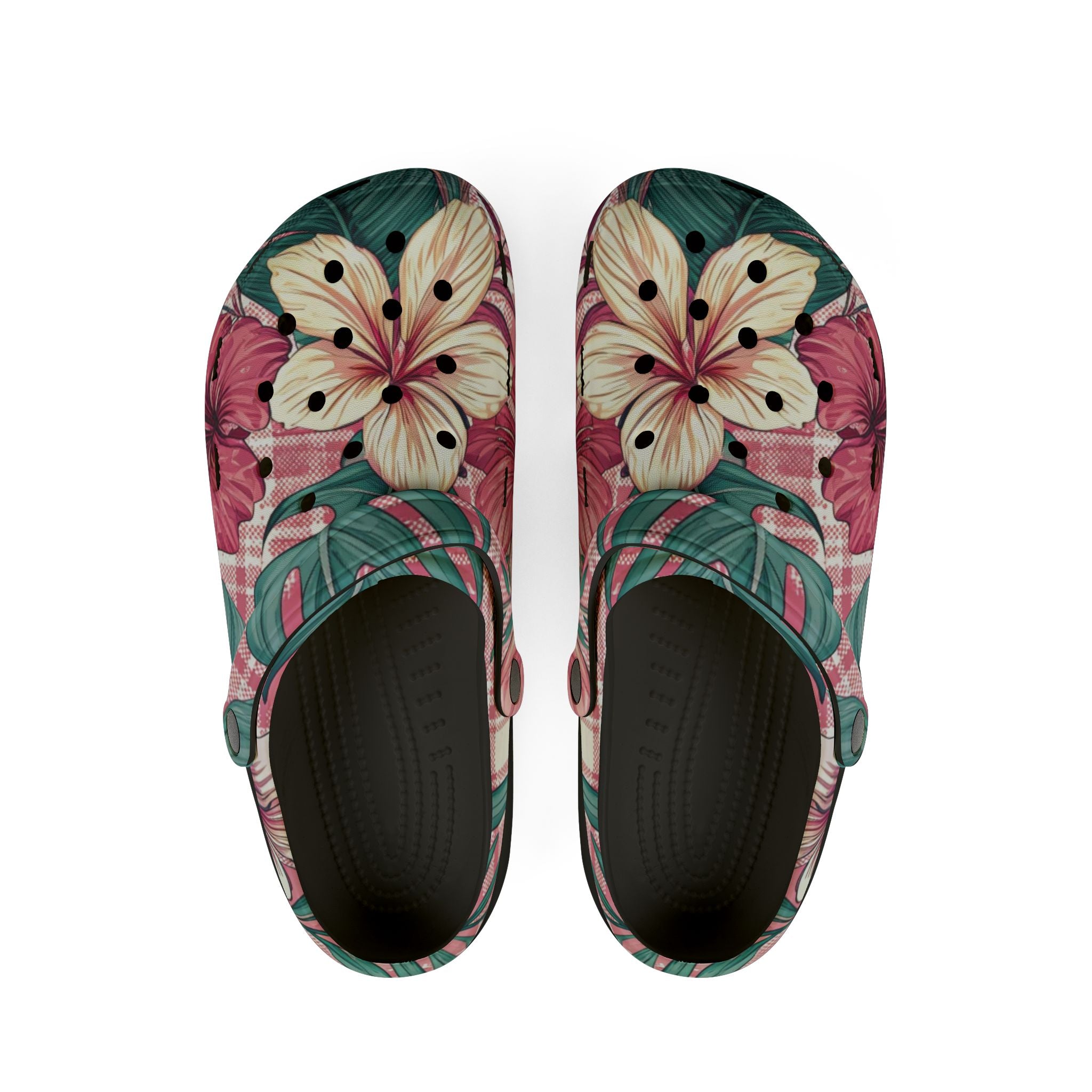 Plaid x Floral Burgundy and Green EVA Foam Rubber Shoes (AOP), Artsulli - Art is Long, Life is Short, Shoes, Size, US 6 (Women's), Color, Black, , , 94485997626495