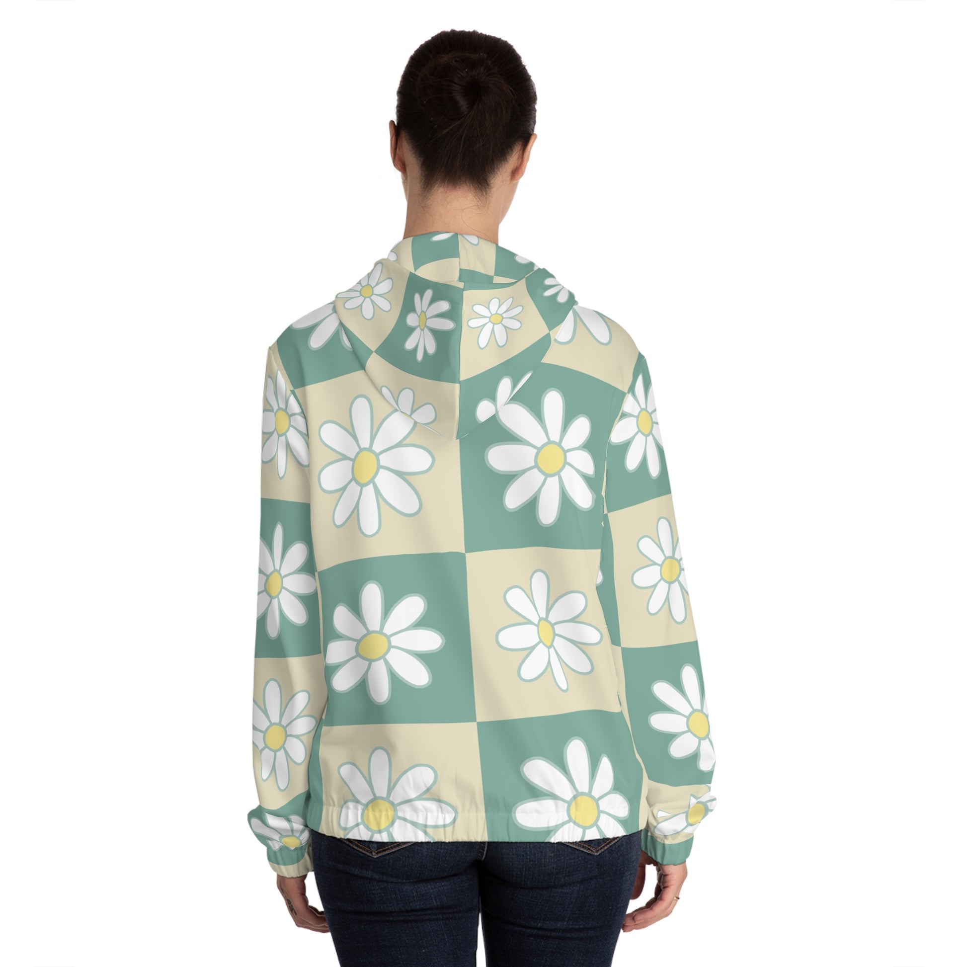 Retro Daisy Checkerboard Green and Tan Women’s Full-Zip Hoodie (AOP), Artsulli - Art is Long, Life is Short, All Over Prints, , , , , , , 