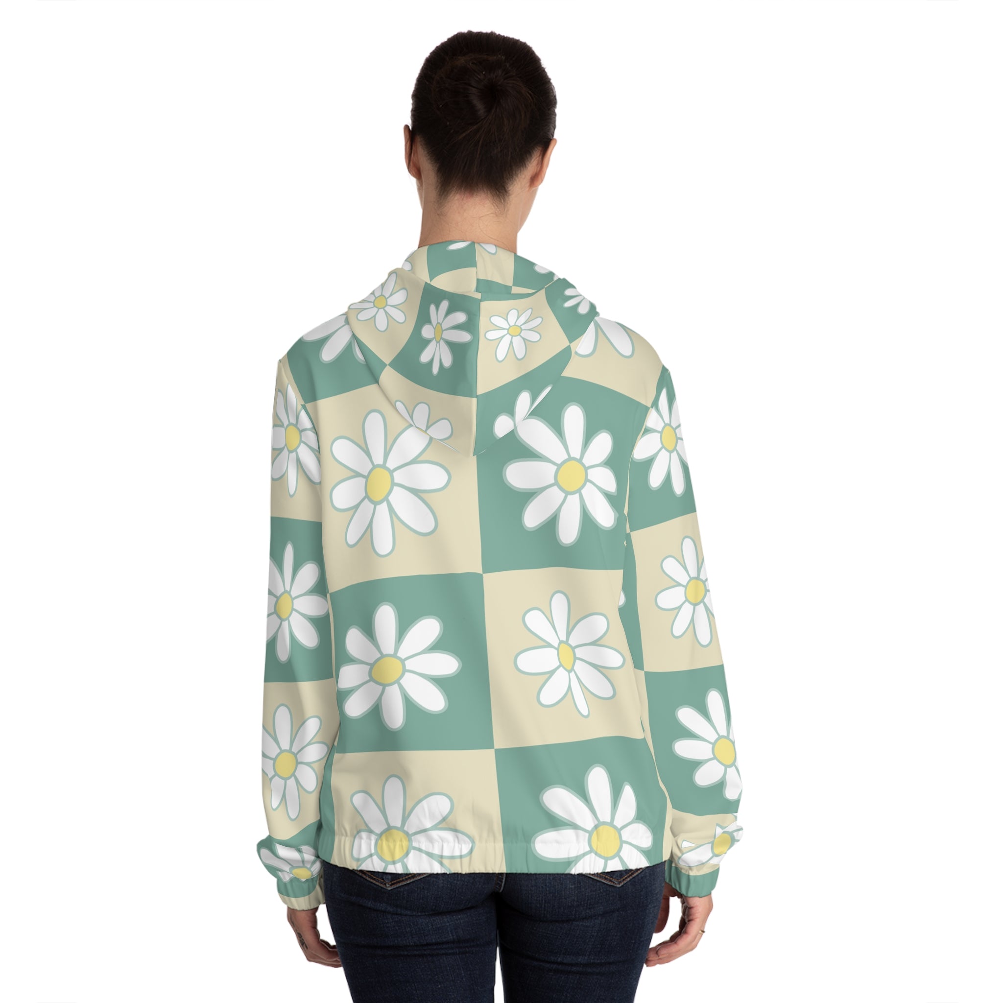 Retro Daisy Checkerboard Green and Tan Women’s Full-Zip Hoodie (AOP), Artsulli - Art is Long, Life is Short, All Over Prints, , , , , , , 