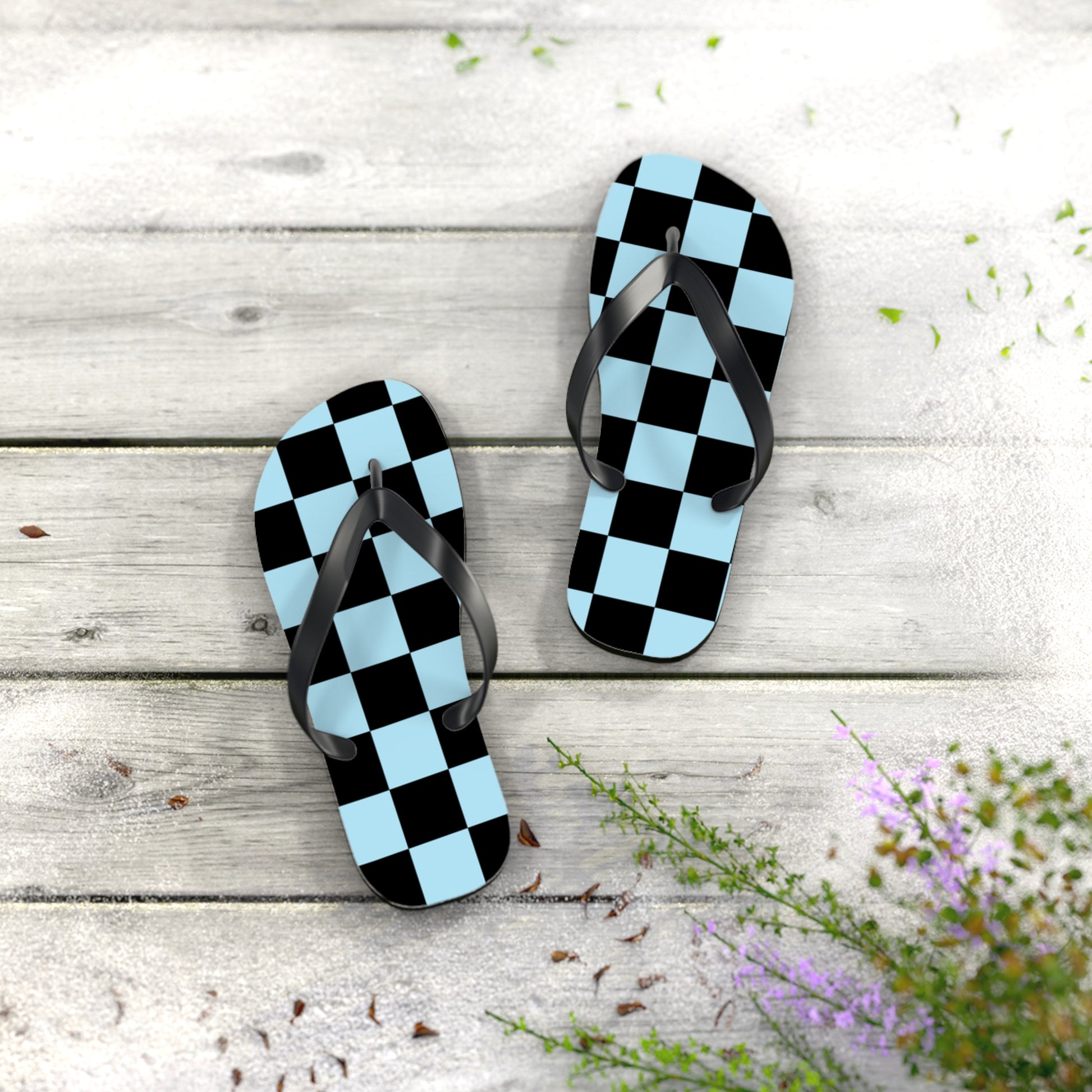 Checkerboard Black and Blue Flip Flops, Artsulli - Art is Long, Life is Short, Shoes, , , , , , , 
