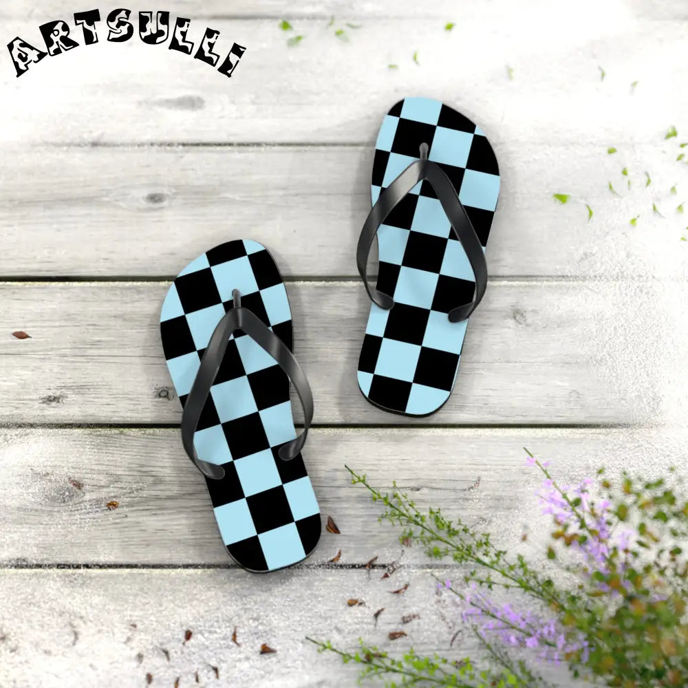 JAKKOUTTHEBXX Checkerboard Black and Blue Flip Flops JAKKOUTTHEBXX