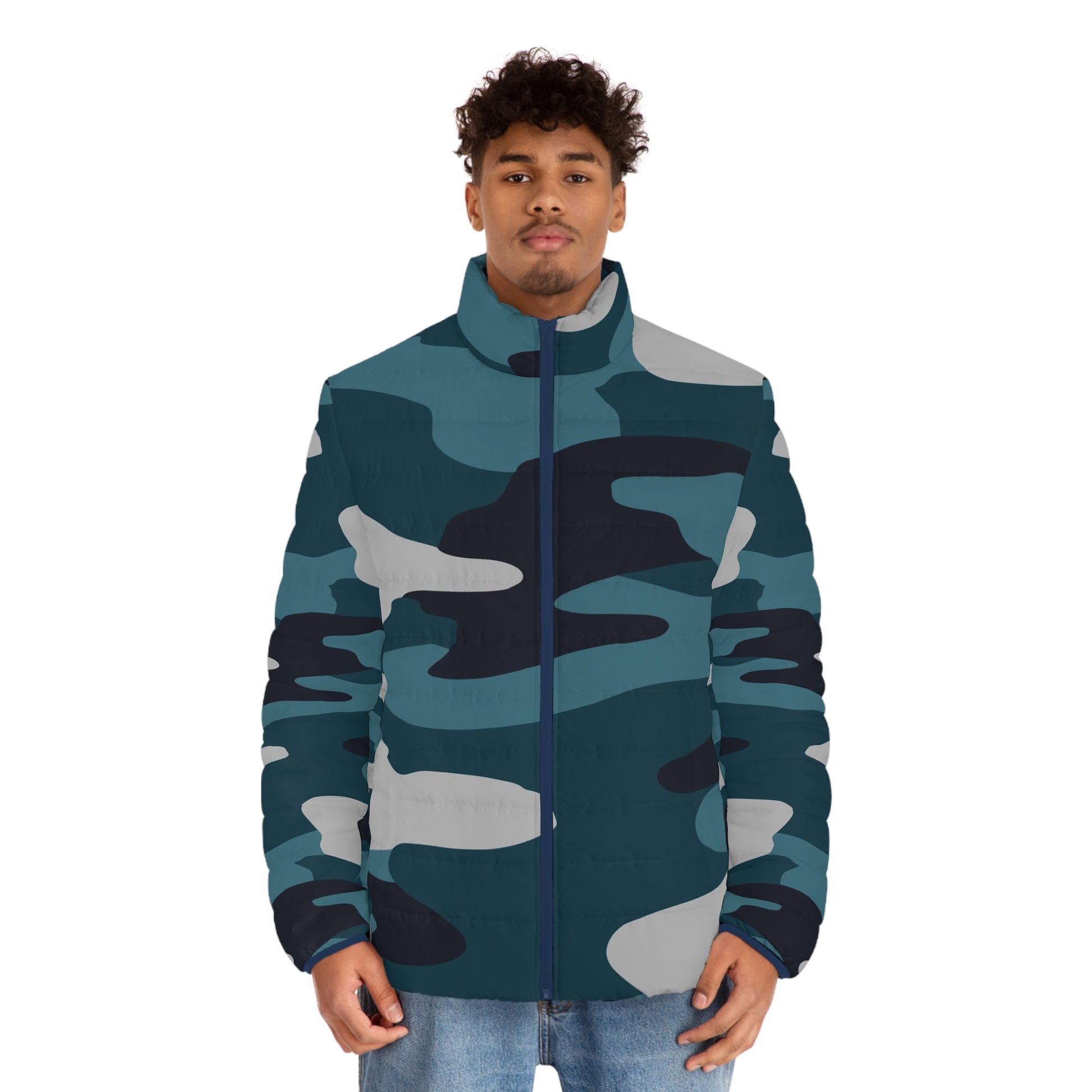 Blue Camouflage Men's Puffer Jacket (AOP), Artsulli - Art is Long, Life is Short, All Over Prints, , , , , , , 
