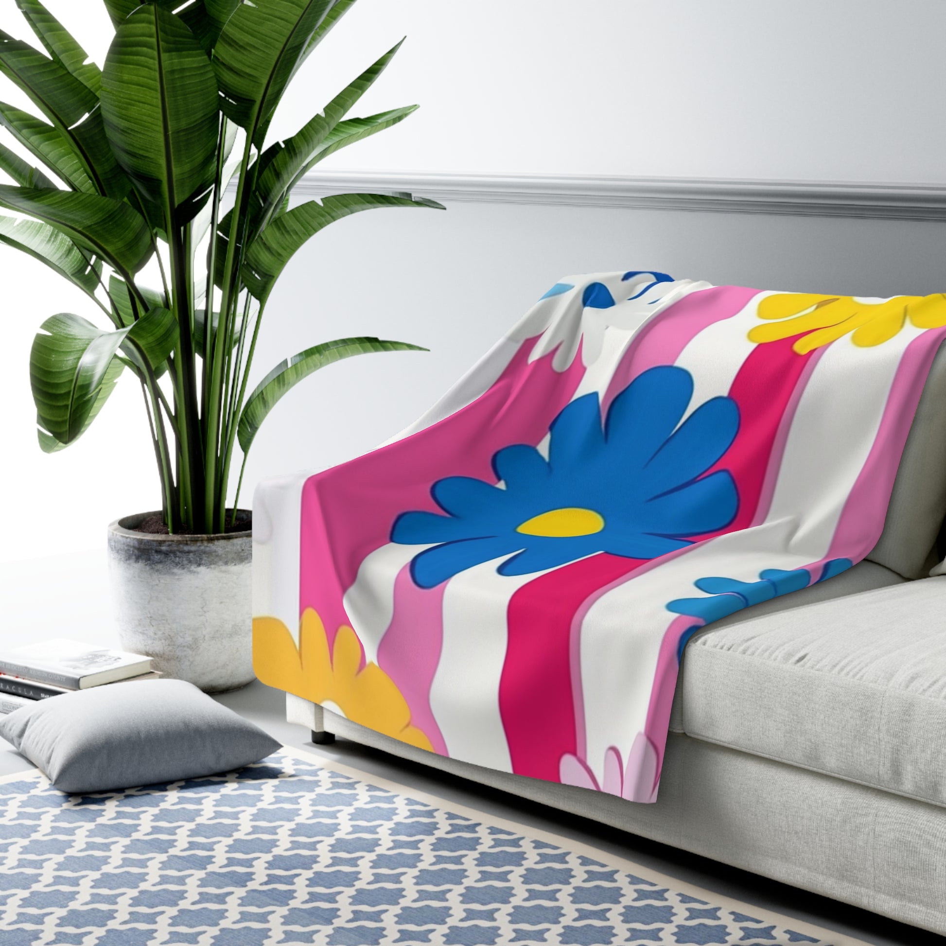 Flowers x Stripes Multi-Color Sherpa Fleece Blanket, Artsulli - Art is Long, Life is Short, Home Decor, , , , , , , 