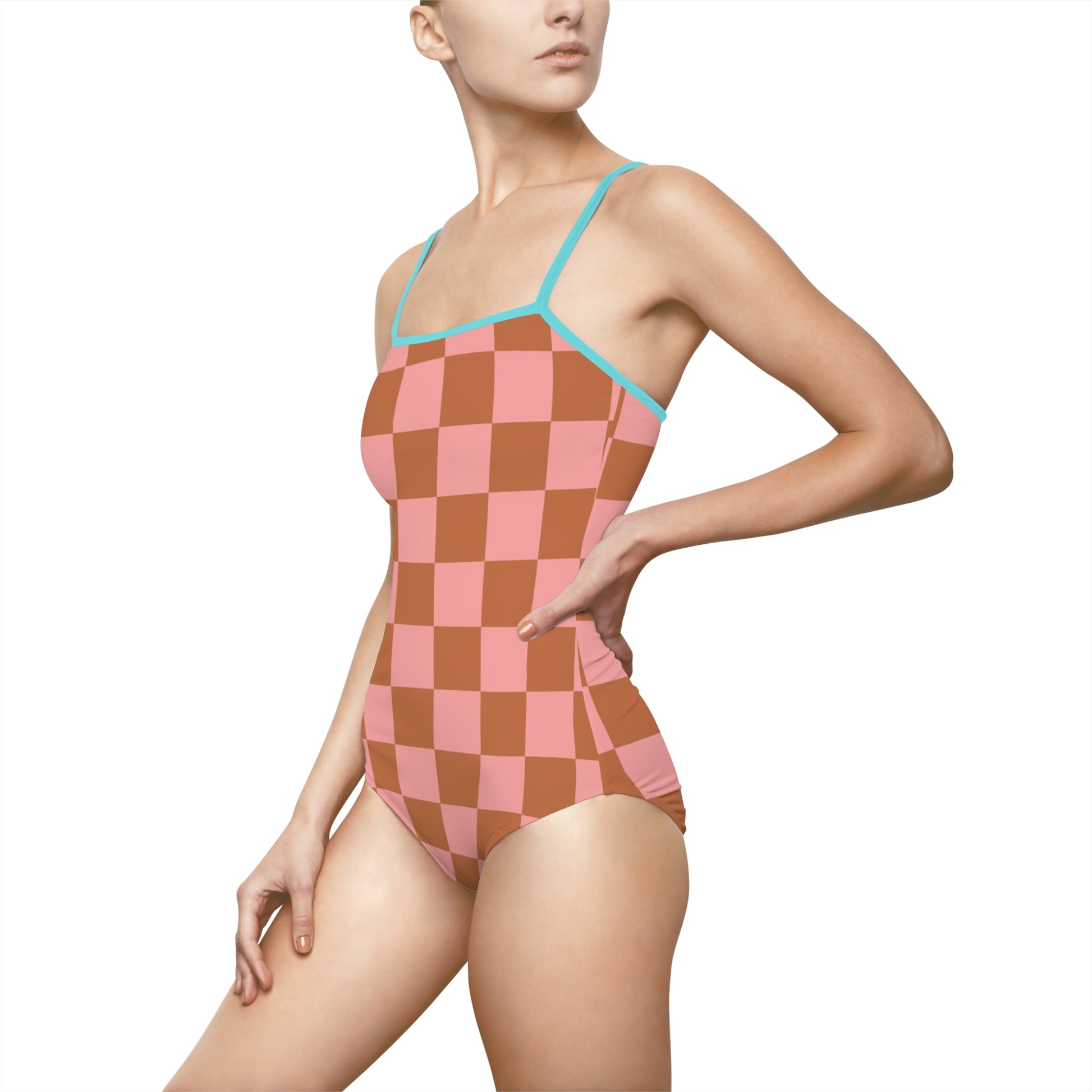 Chessboard Pink and Brown Women's One-piece Swimsuit (AOP), Artsulli - Art is Long, Life is Short, All Over Prints, , , , , , , 