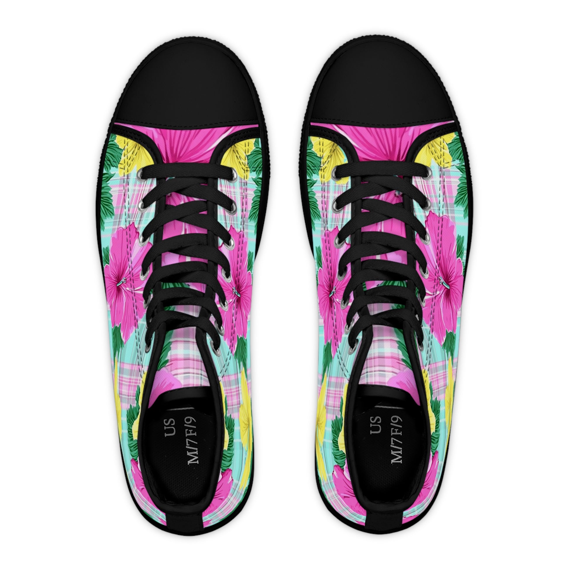 Plaid Hibiscus Pink and Yellow Women's High Top Sneakers, Artsulli - Art is Long, Life is Short, Shoes, , , , , , , 