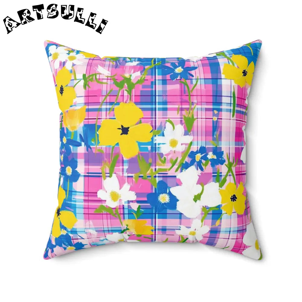 JAKKOUTTHEBXX Plaid Garden III Pink and Blue Spun Polyester Square