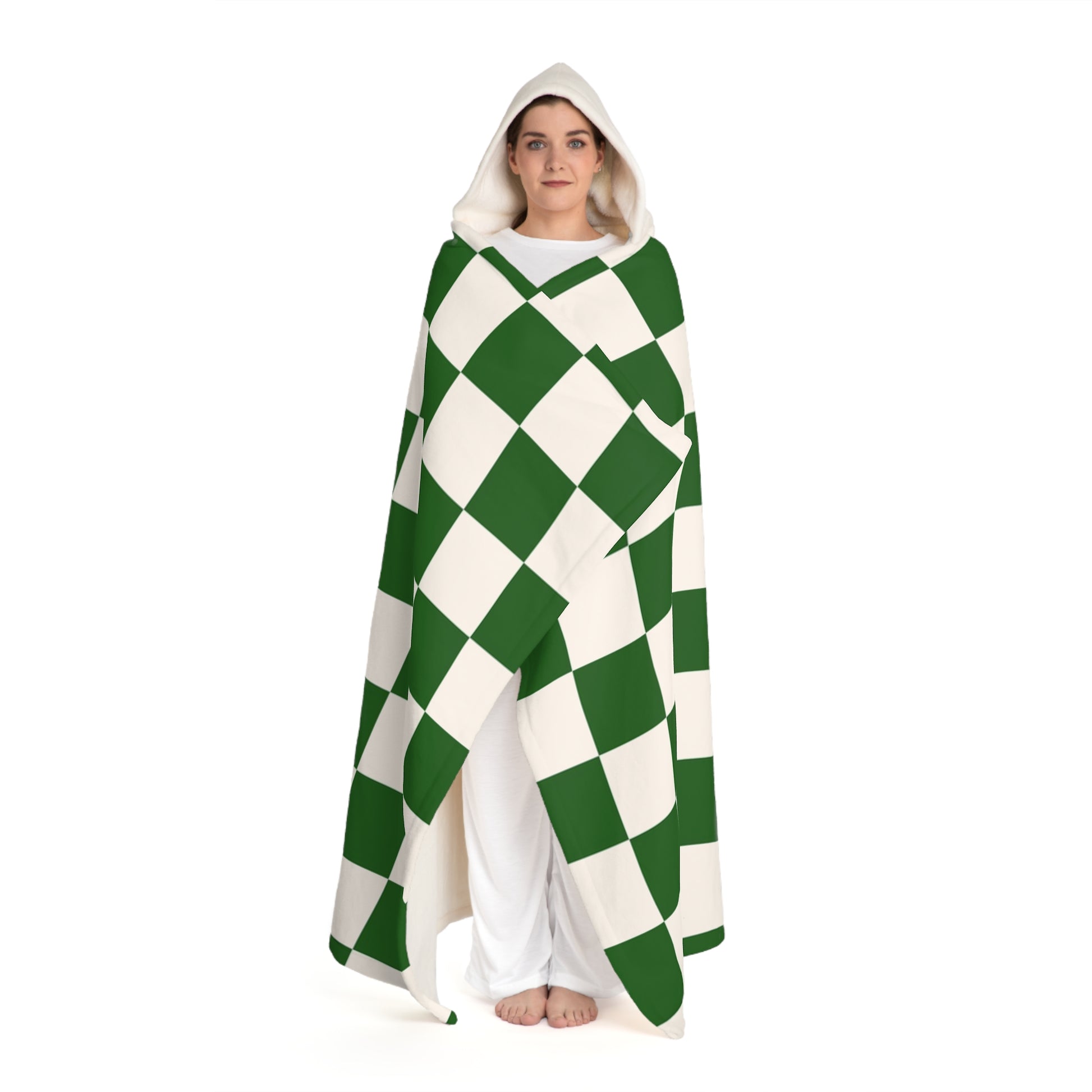 Checkerboard White and Dark Green Hooded Sherpa Fleece Blanket, Artsulli - Art is Long, Life is Short, All Over Prints, , , , , , , 