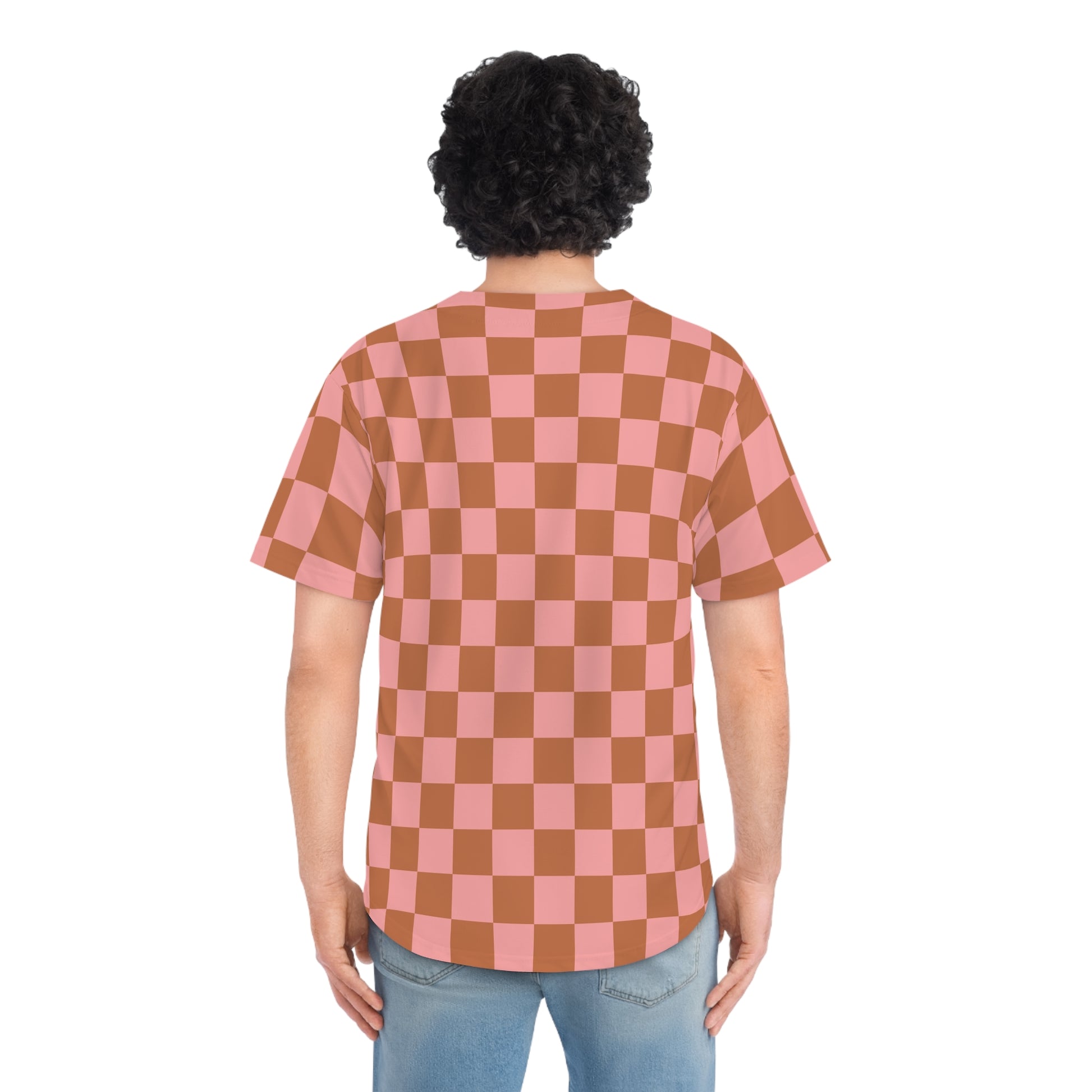 Chessboard II Pink and Brown  Men's Baseball Jersey (AOP), Artsulli - Art is Long, Life is Short, All Over Prints, , , , , , , 