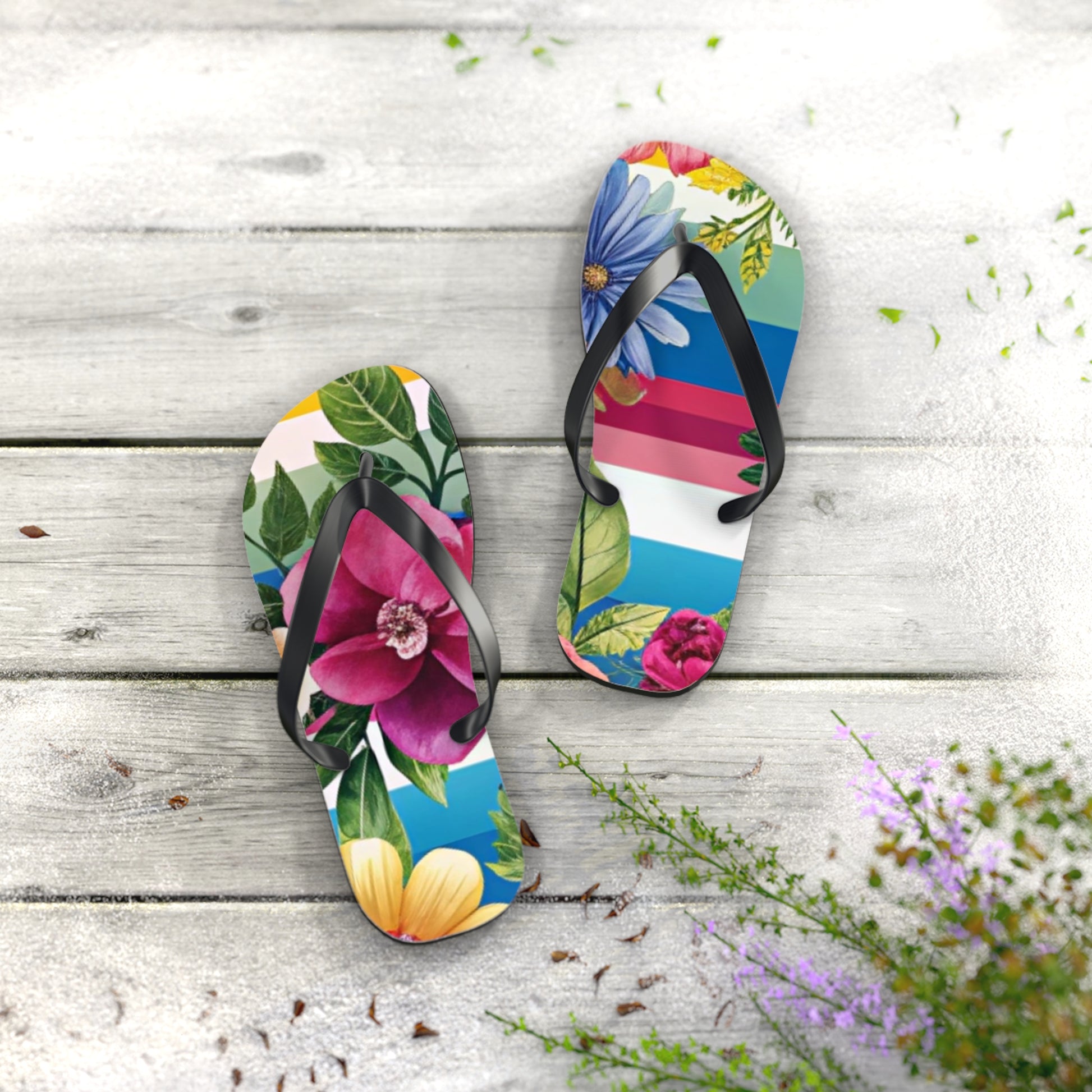 Floral Stripe 4K Flip Flops, Artsulli - Art is Long, Life is Short, Shoes, , , , , , , 