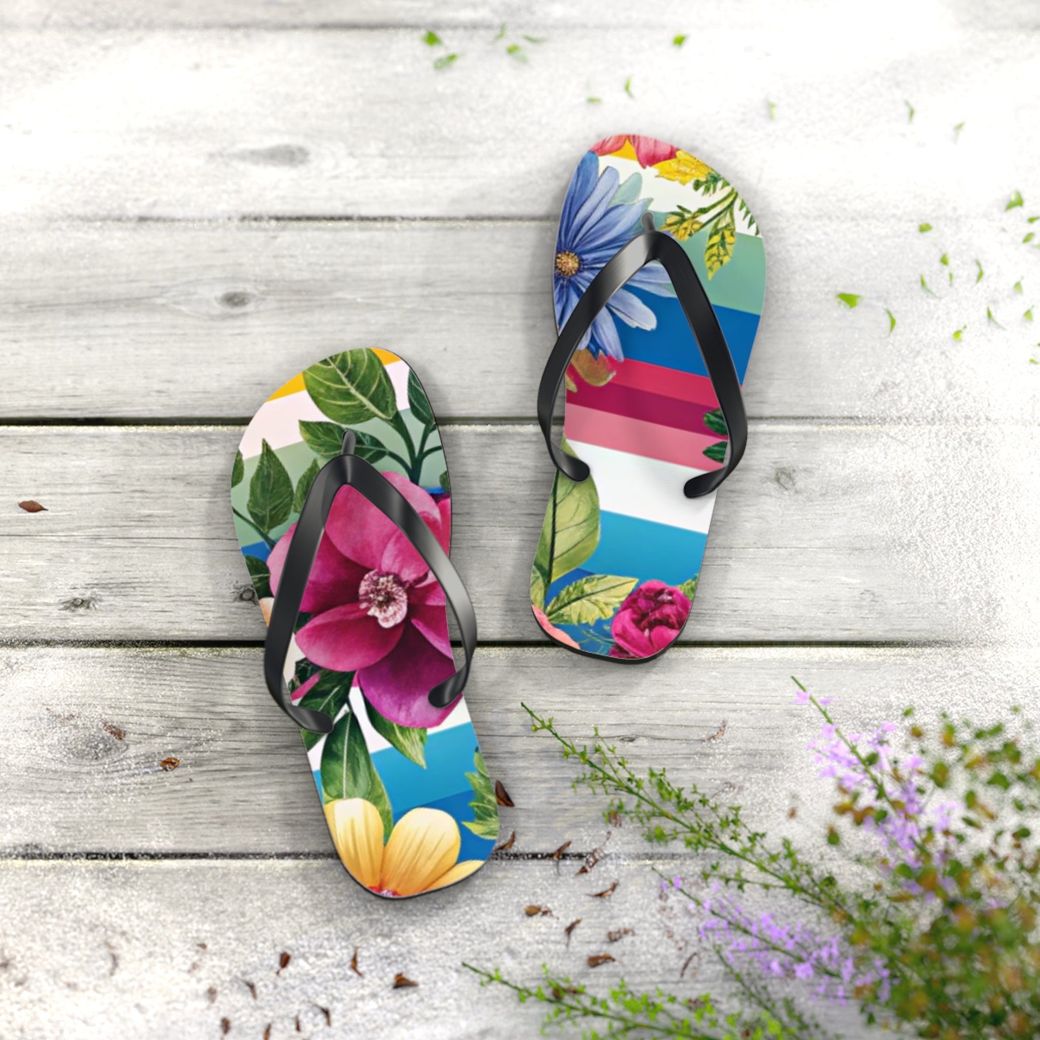 Floral Stripe 4K Flip Flops, Artsulli - Art is Long, Life is Short, Shoes, , , , , , , 