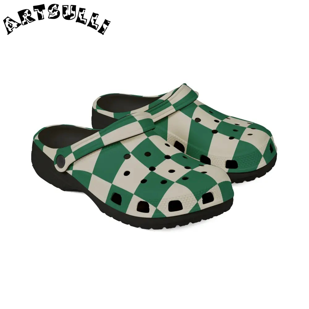 JAKKOUTTHEBXX Checkerboard Dark Green EVA Foam Rubber Shoes (AOP)