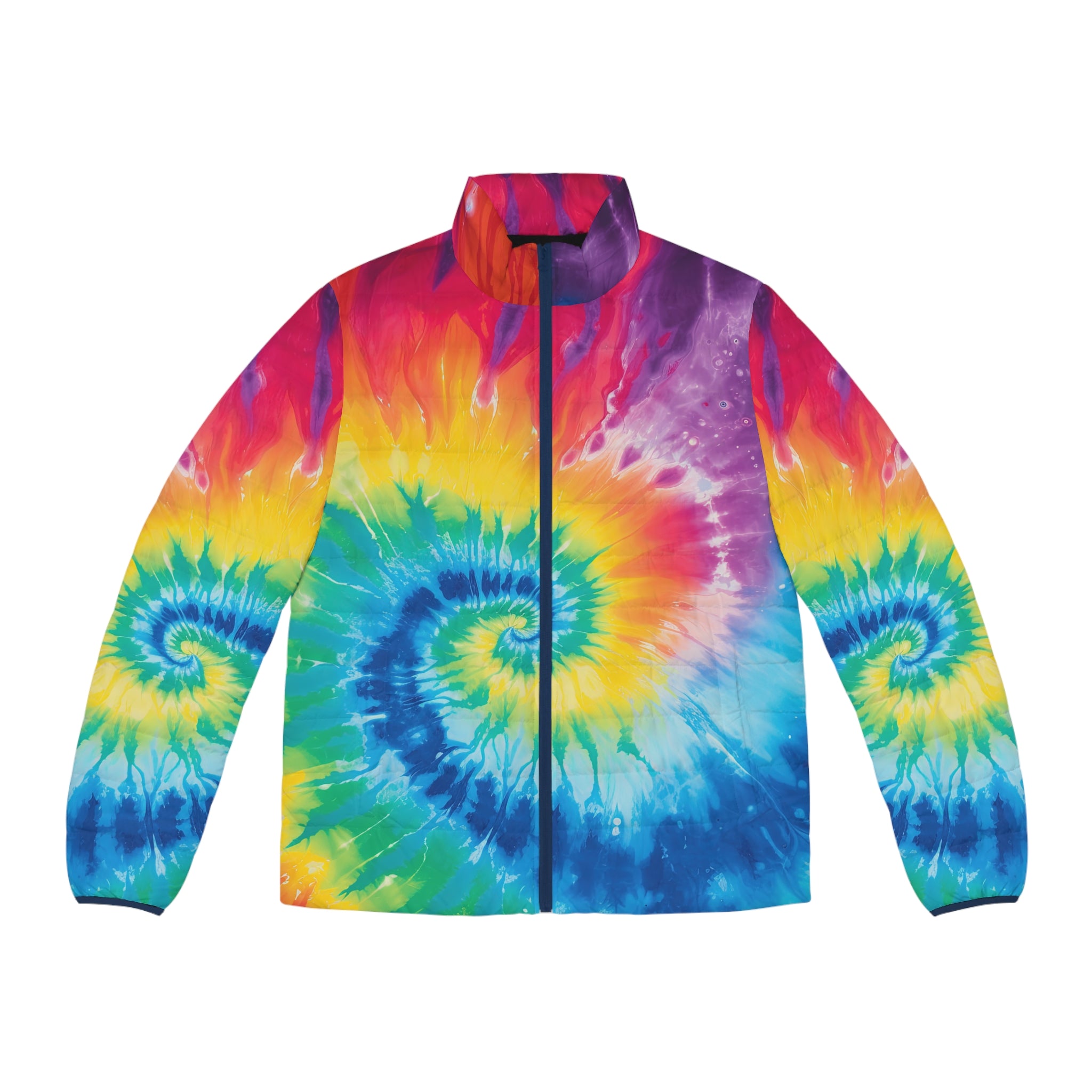 Tie Dye Men's Puffer Jacket (AOP), Artsulli - Art is Long, Life is Short, All Over Prints, Size, S, Color, Dark blue zipper, , , 13986162065748091553